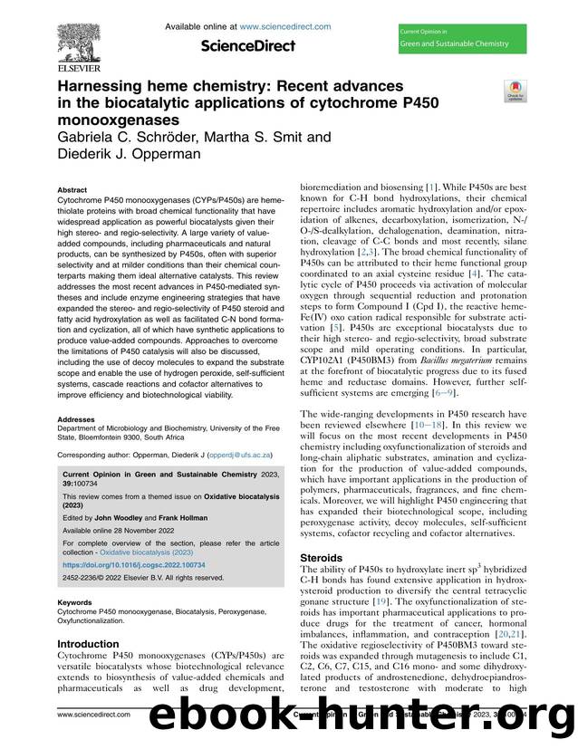 Harnessing heme chemistry: Recent advances in the biocatalytic applications of cytochrome P450 monooxgenases by Gabriela C. Schröder & Martha S. Smit & Diederik J. Opperman
