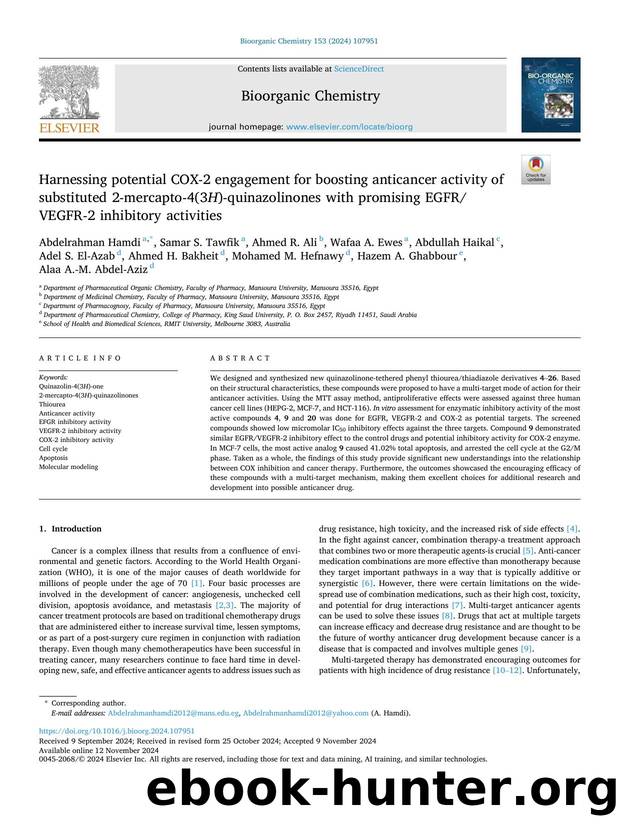 Harnessing potential COX-2 engagement for boosting anticancer activity of substituted 2-mercapto-4(3 H )-quinazolinones with promising EGFRVEGFR-2 inhibitory activities by unknow