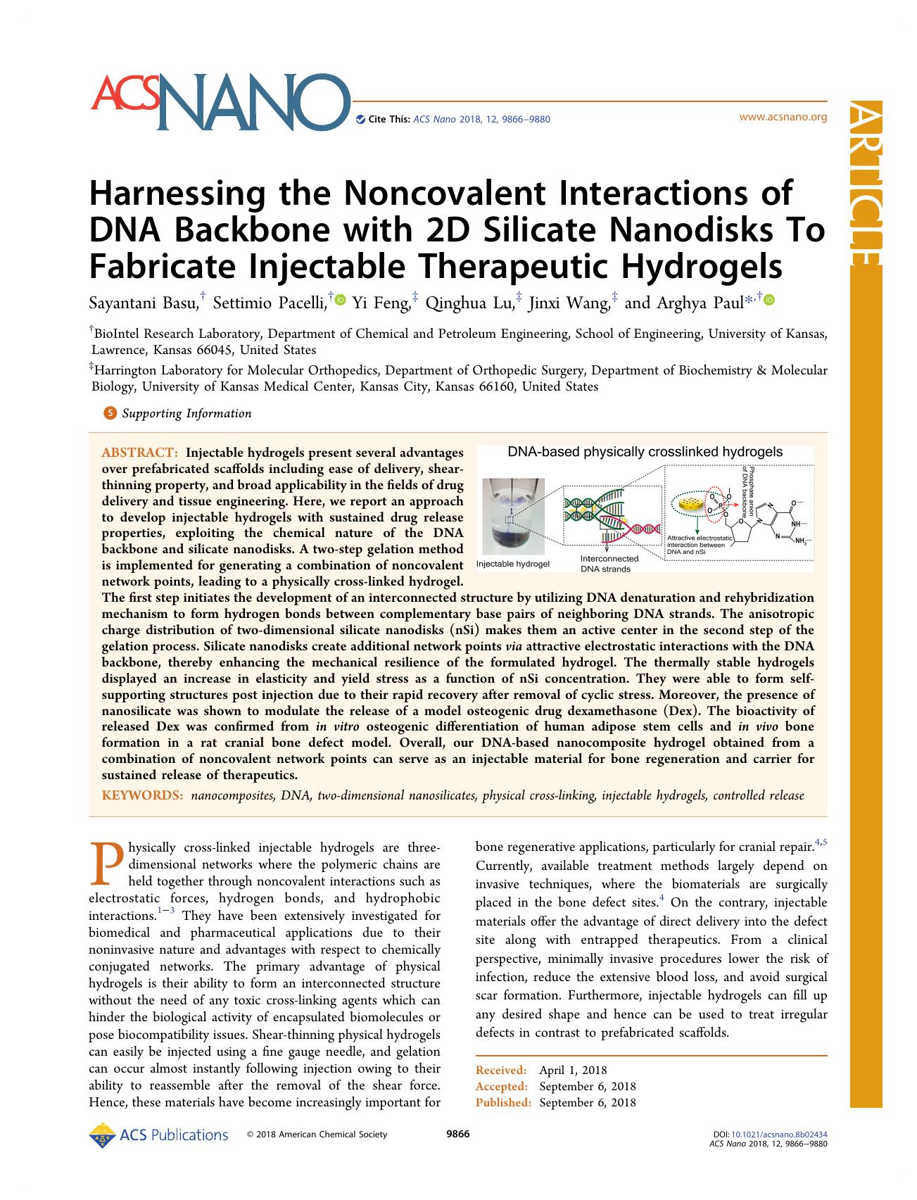 Harnessing the Noncovalent Interactions of DNA Backbone with 2D Silicate Nanodisks To Fabricate Injectable Therapeutic Hydrogels by Sayantani Basu Settimio Pacelli Yi Feng Qinghua Lu Jinxi Wang and Arghya Paul