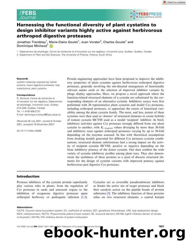 Harnessing the functional diversity of plant cystatins to design inhibitor variants highly active against herbivorous arthropod digestive proteases by Unknown