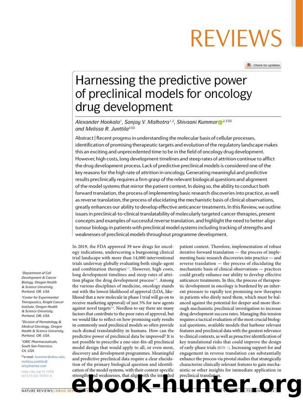 Harnessing the predictive power of preclinical models for oncology drug development by Alexander Honkala & Sanjay V. Malhotra & Shivaani Kummar & Melissa R. Junttila