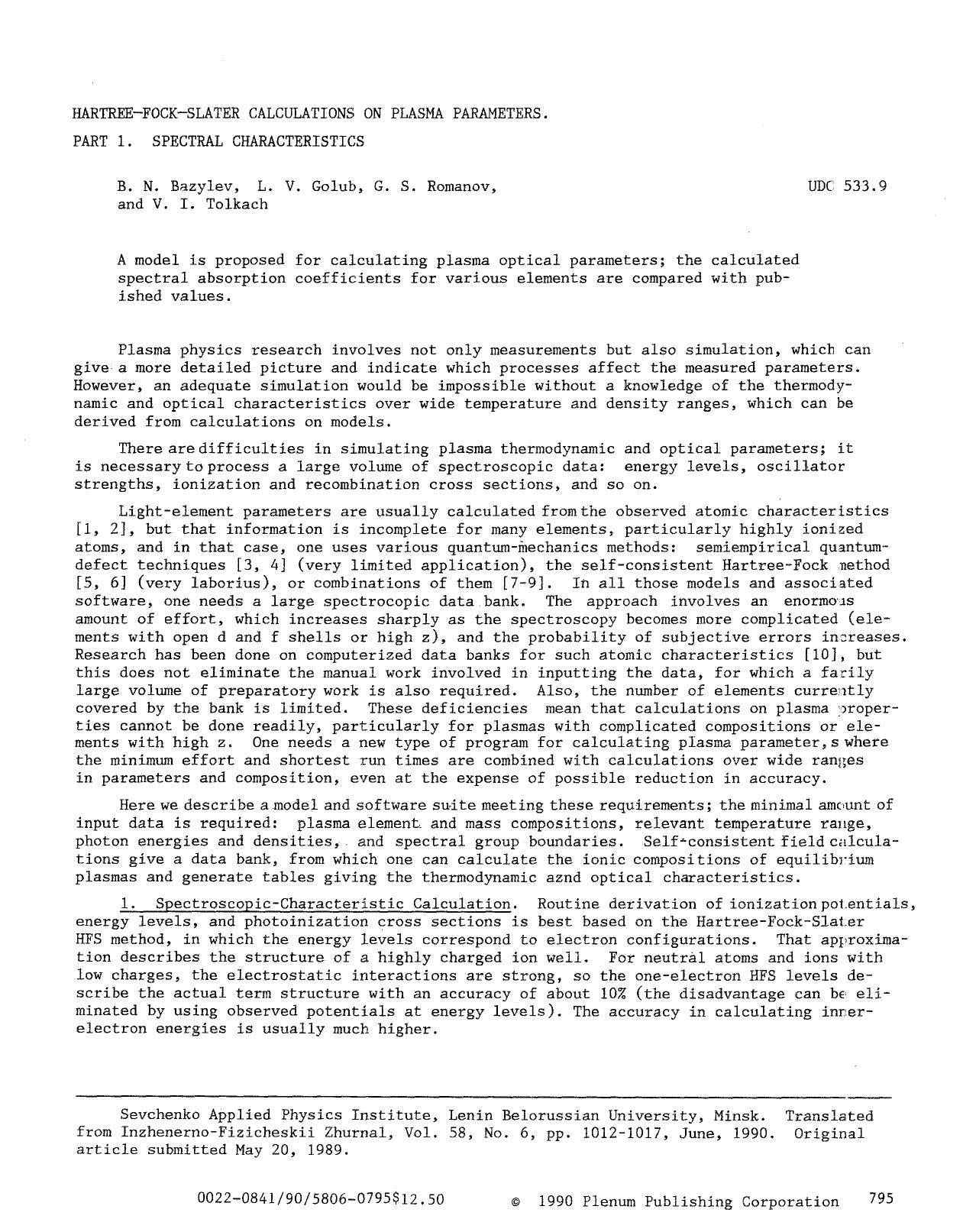 Hartree-fock-slater calculations on plasma parameters by Unknown