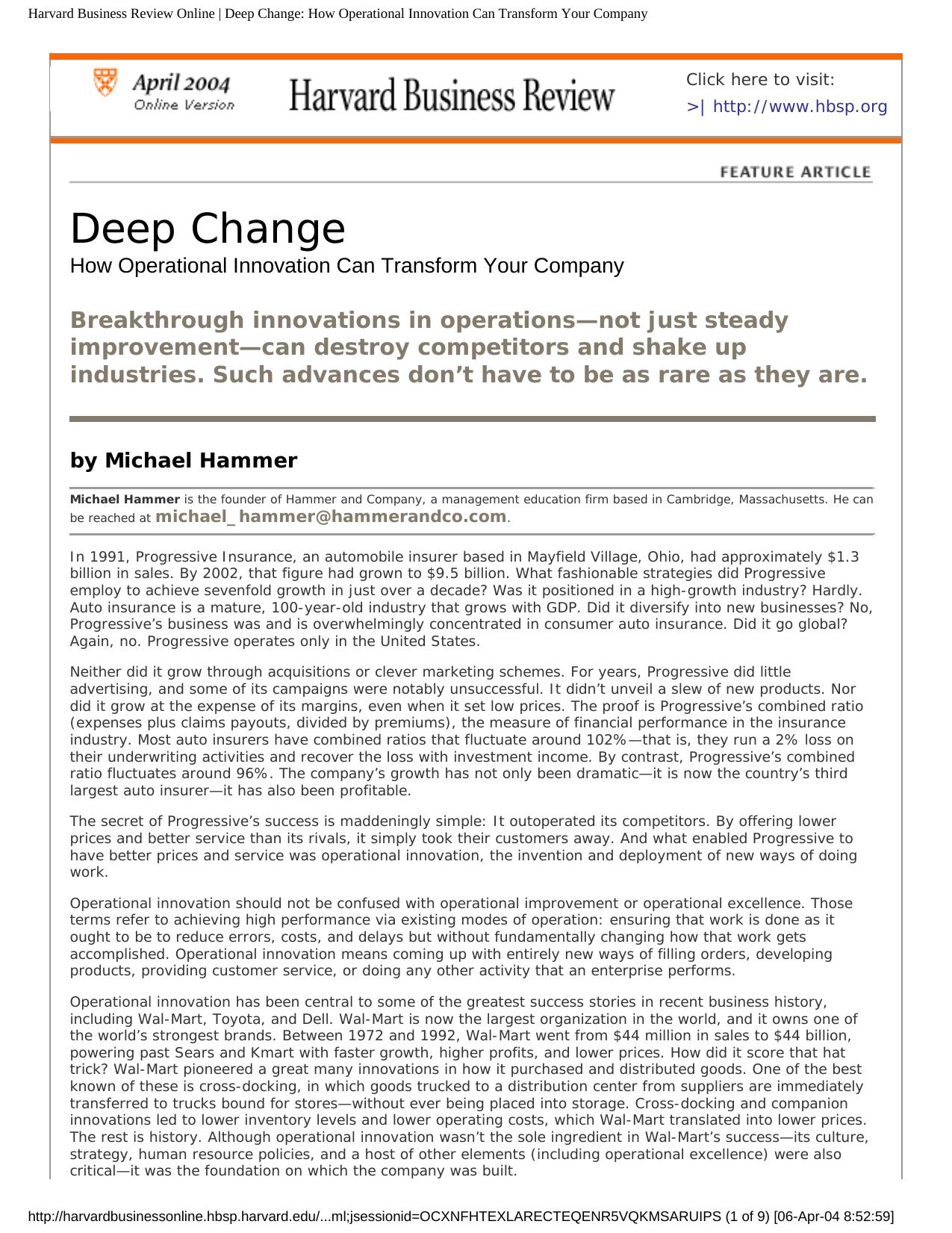 Harvard Business Review Online | Deep Change: How Operational Innovation Can Transform Your Company by Unknown