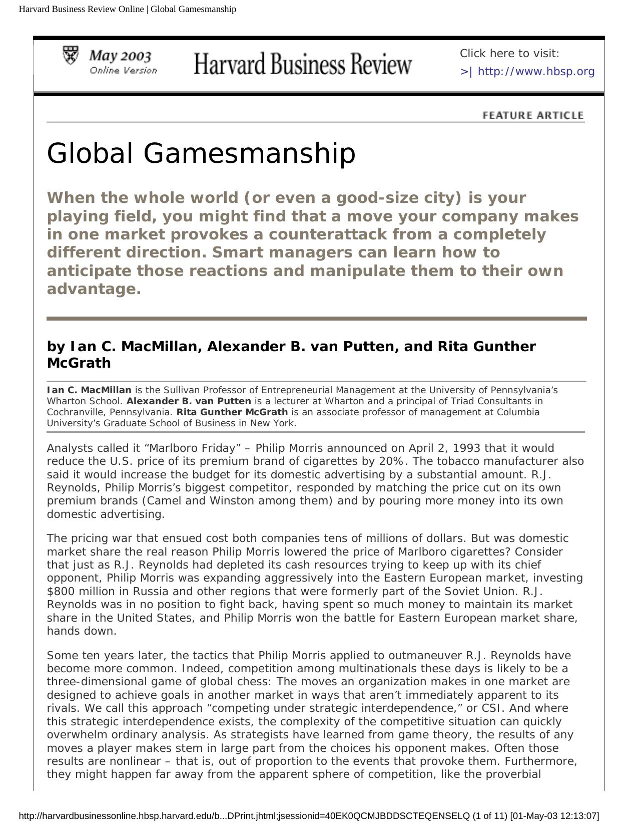Harvard Business Review Online | Global Gamesmanship by Unknown