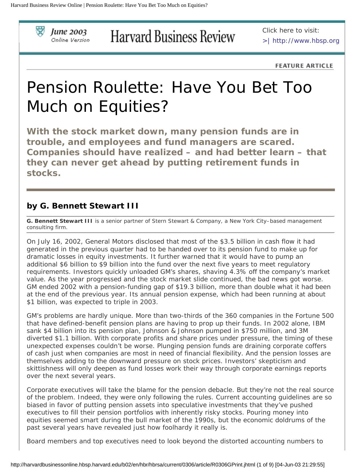 Harvard Business Review Online | Pension Roulette: Have You Bet Too Much on Equities? by Unknown