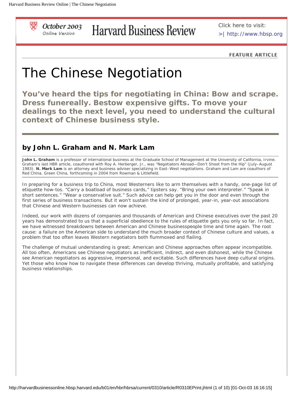 Harvard Business Review Online | The Chinese Negotiation by Unknown