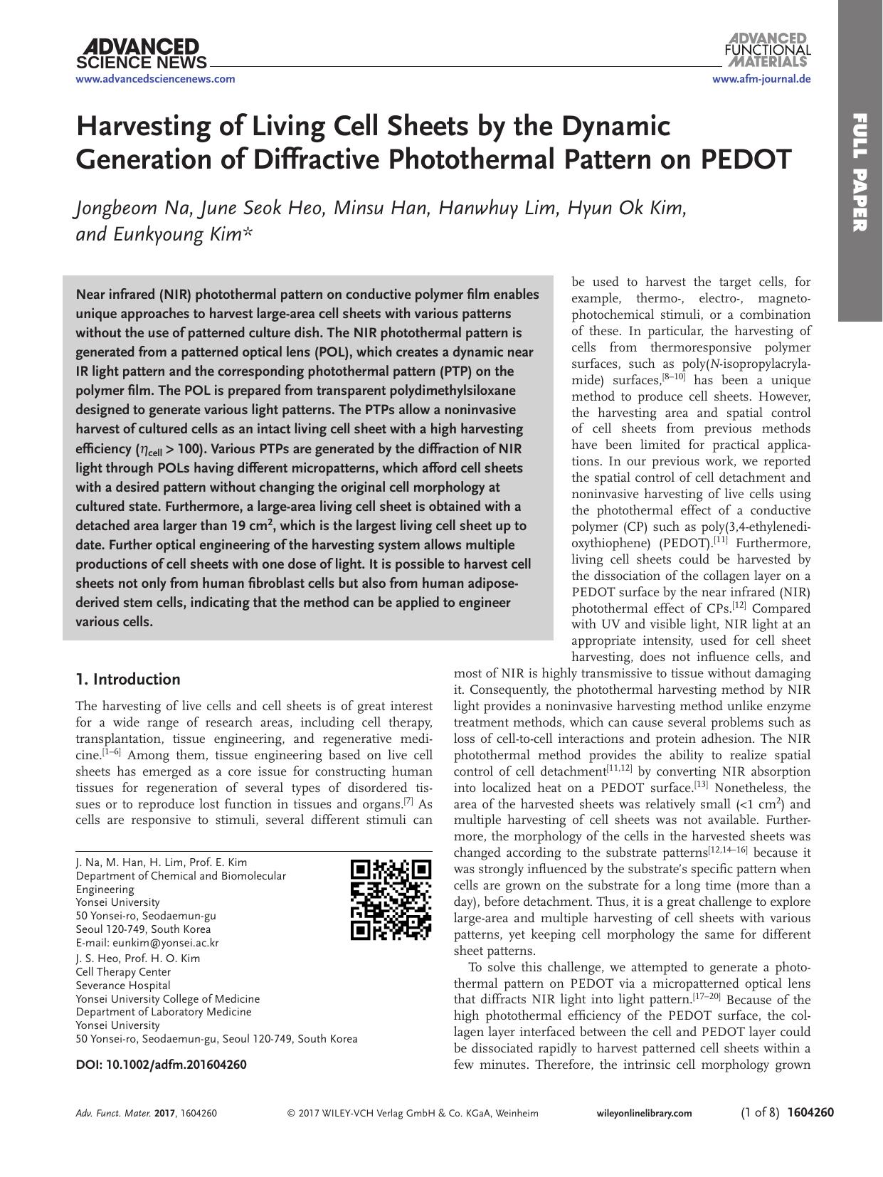 Harvesting of Living Cell Sheets by the Dynamic Generation of Diffractive Photothermal Pattern on PEDOT by Unknown