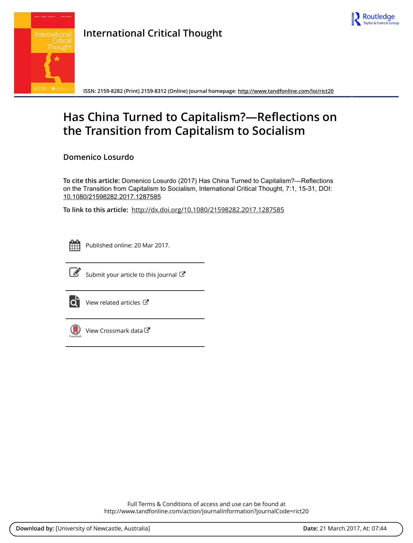 Has China Turned to Capitalism?âReflections on the Transition from Capitalism to Socialism by Domenico Losurdo