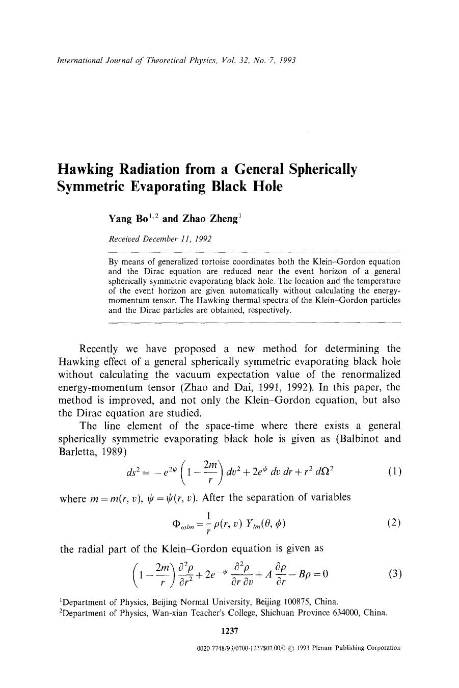 Hawking radiation from a general spherically symmetric evaporating black hole by Unknown