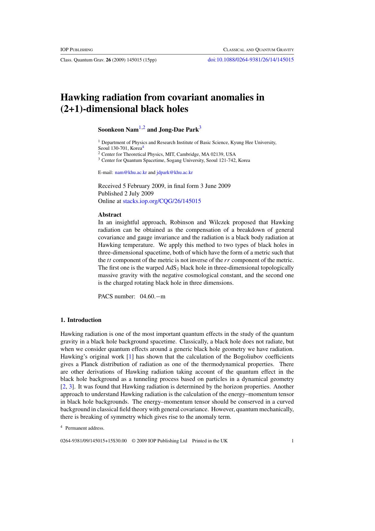 Hawking radiation from covariant anomalies in (2+1)-dimensional black holes by S Nam and J-D Park