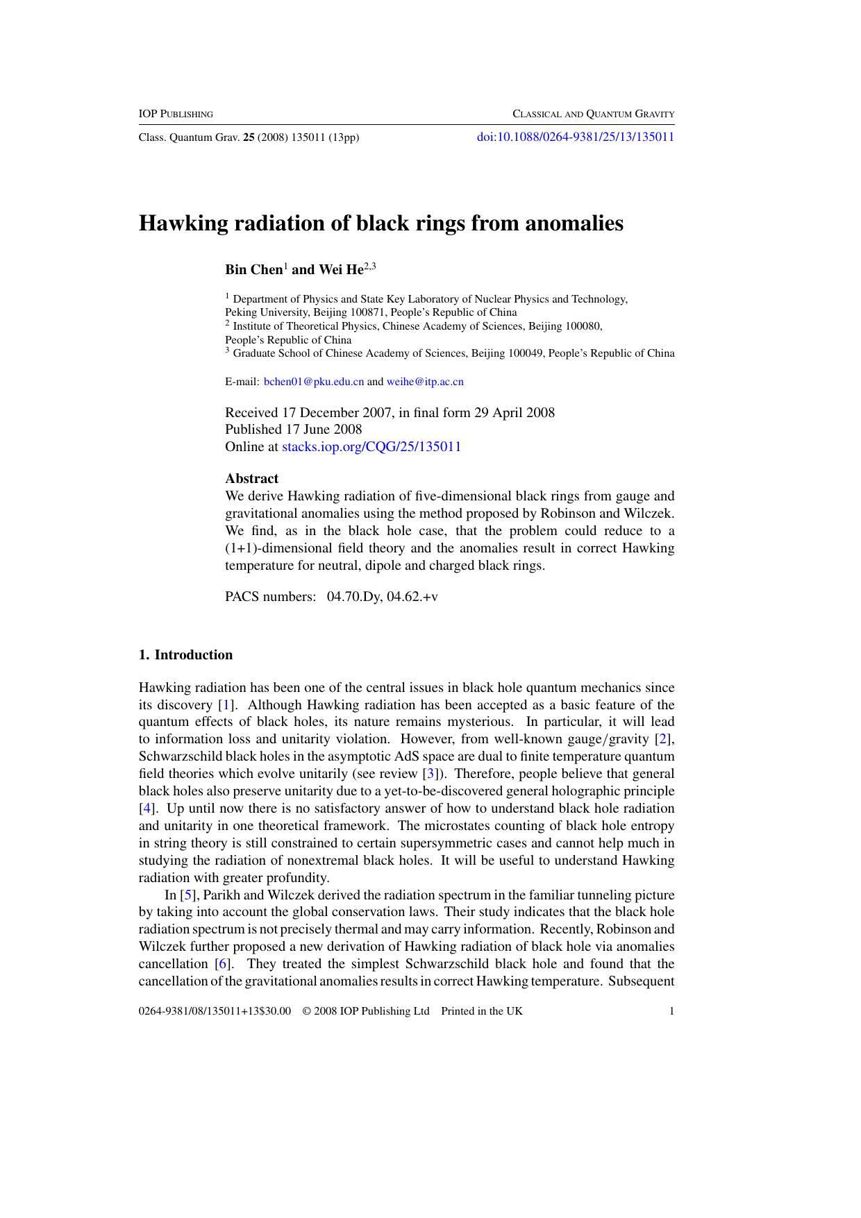 Hawking radiation of black rings from anomalies by B Chen and W He