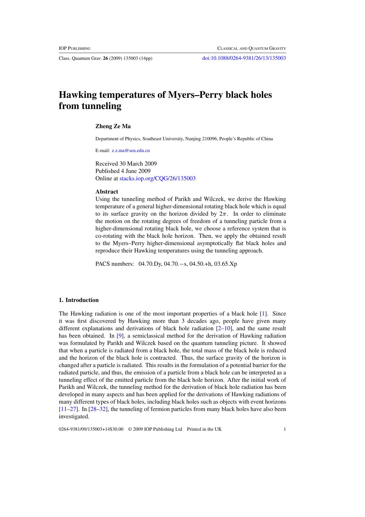 Hawking temperatures of Myers--Perry black holes from tunneling by Z Z Ma