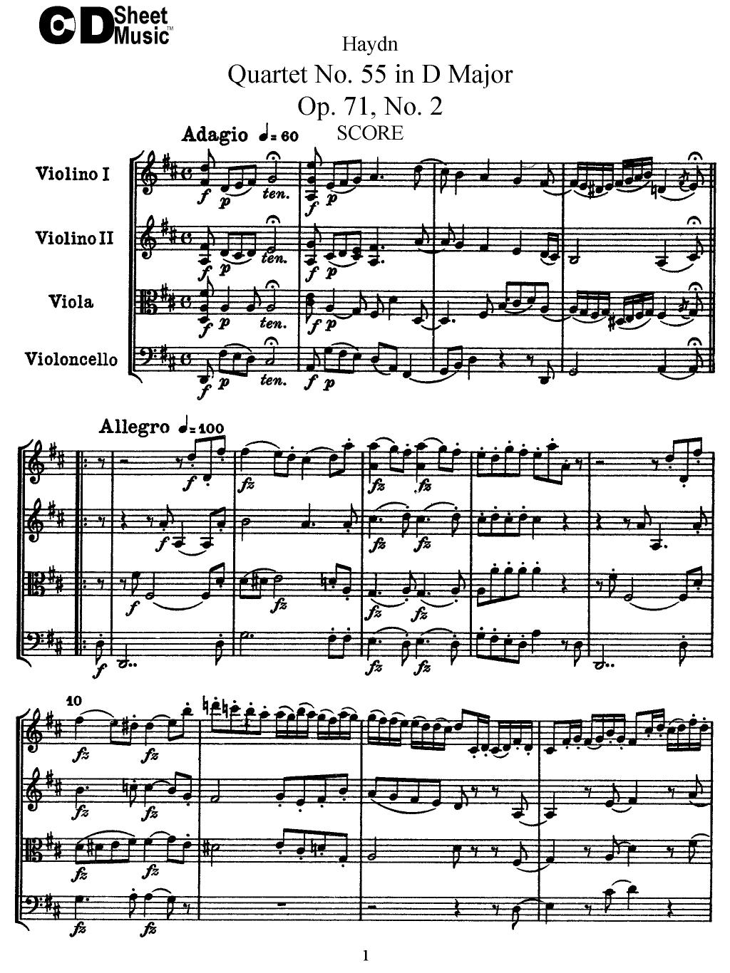 Haydn String Quartets: No. 55 in D Major, Op. 71, No. 2 by WBaxley Music Subito Music Corp & Stephens Pub. Co