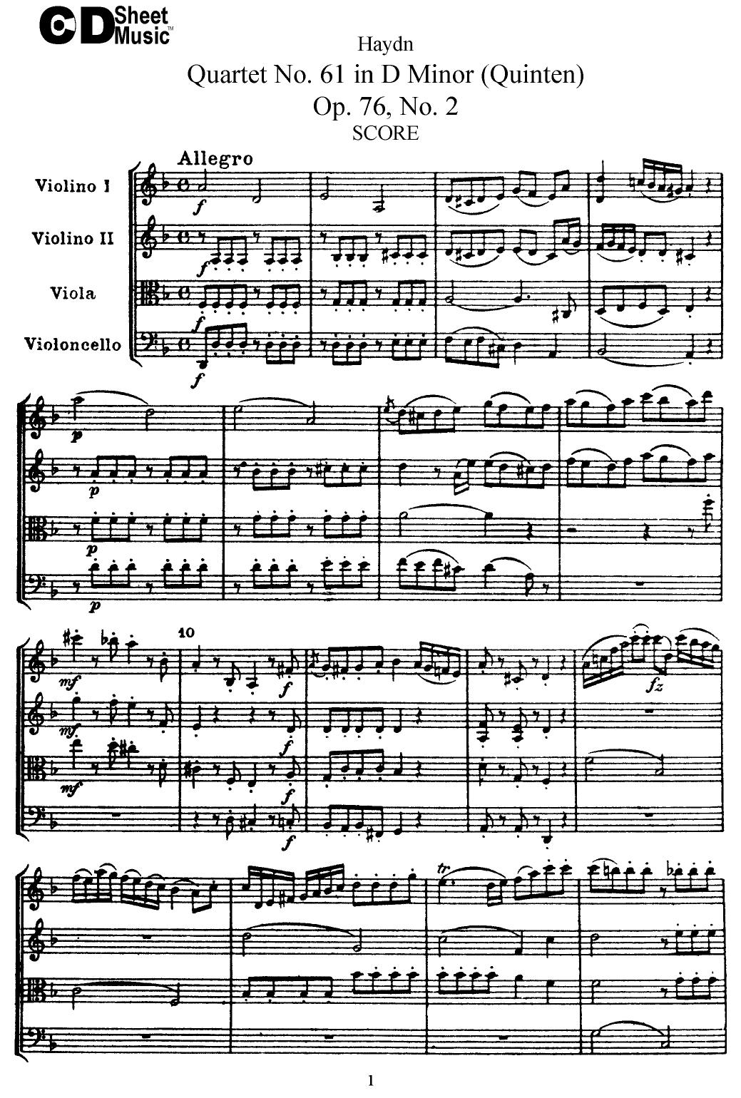 Haydn String Quartets: No. 61 in D Minor, Op. 76, No.2 by WBaxley Music Subito Music Corp & Stephens Pub. Co