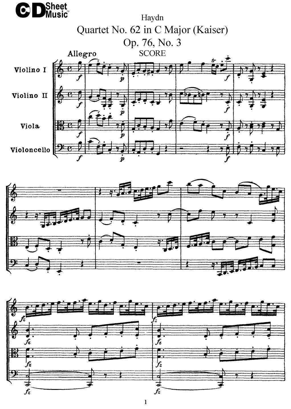 Haydn String Quartets: No. 62 in C Major, Op. 76, No. 3 by WBaxley Music Subito Music Corp & Stephens Pub. Co