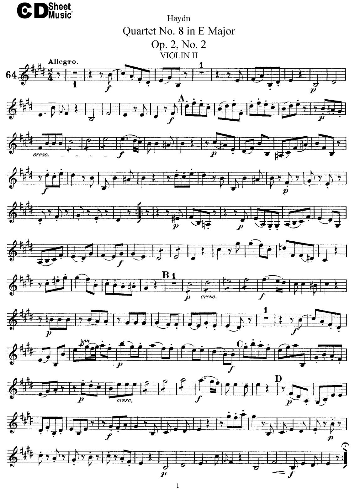 Haydn String Quartets: No. 8 in E Major, Op.2, No.2 by WBaxley Music Subito Music Corp & Stephens Pub. Co