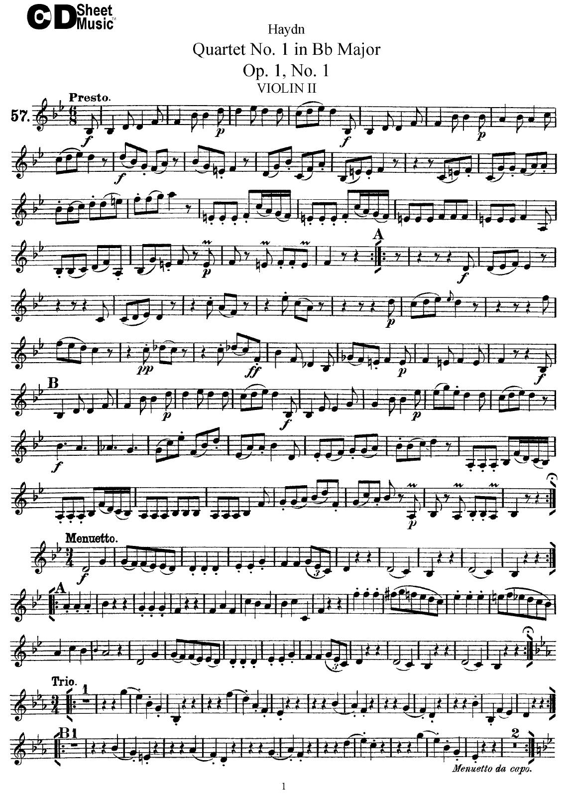 Haydn String Quartets: No.1 in Bb Major, Op.1, No.1 by WBaxley Music Subito Music Corp & Stephens Pub. Co