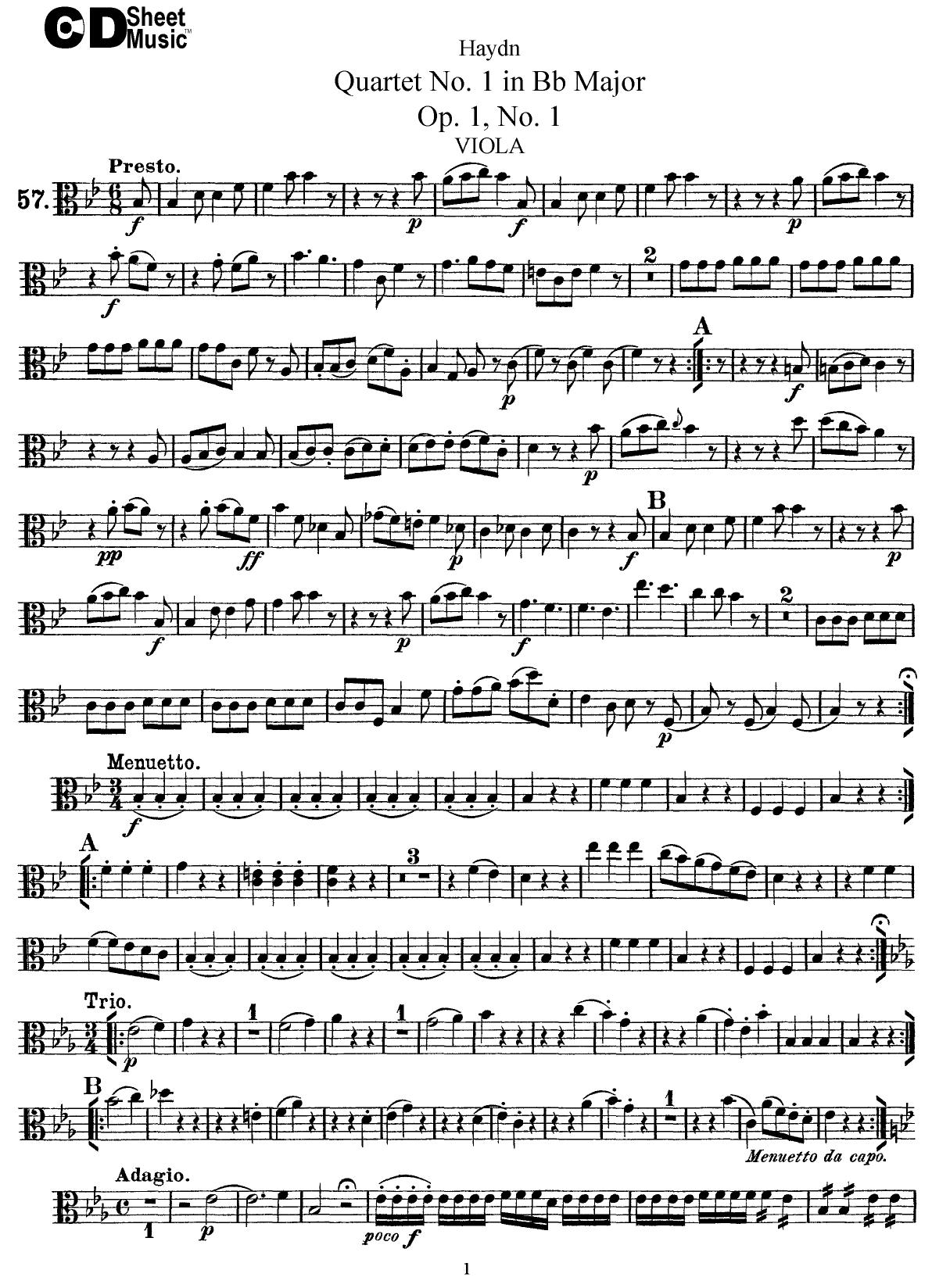 Haydn String Quartets: No.1 in Bb Major, P1-2 by WBaxley Music Subito Music Corp & Stephens Pub. Co