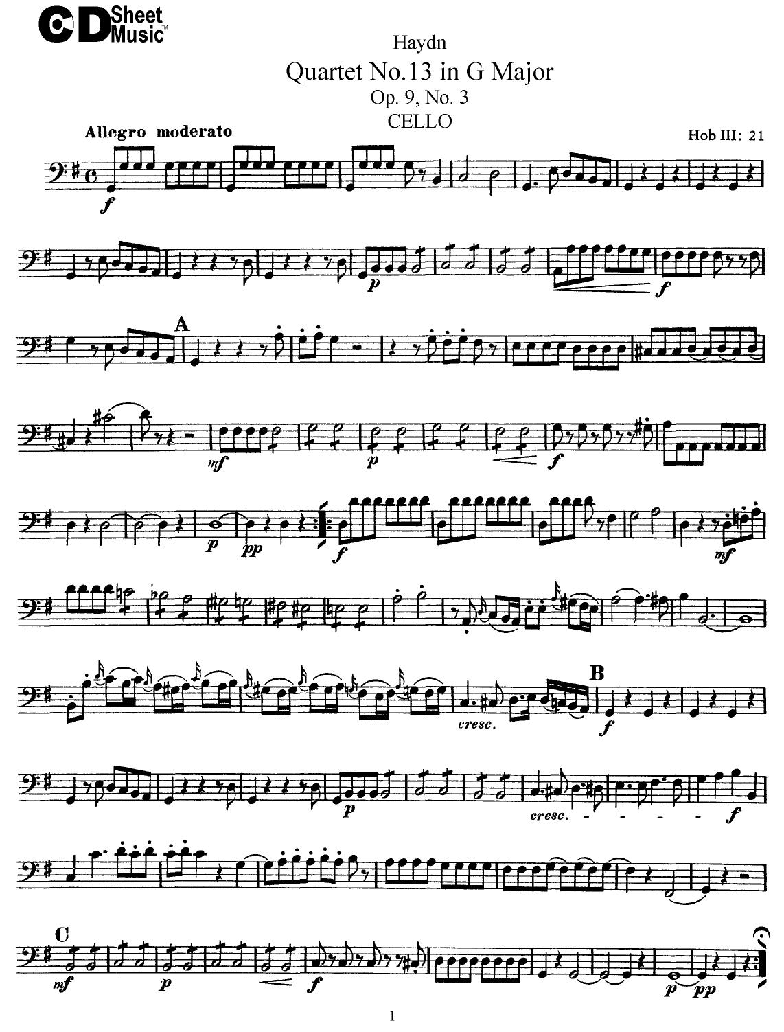 Haydn String Quartets: No.13 in G Major, Op.9, No.3 by WBaxley Music Subito Music Corp & Stephens Pub. Co