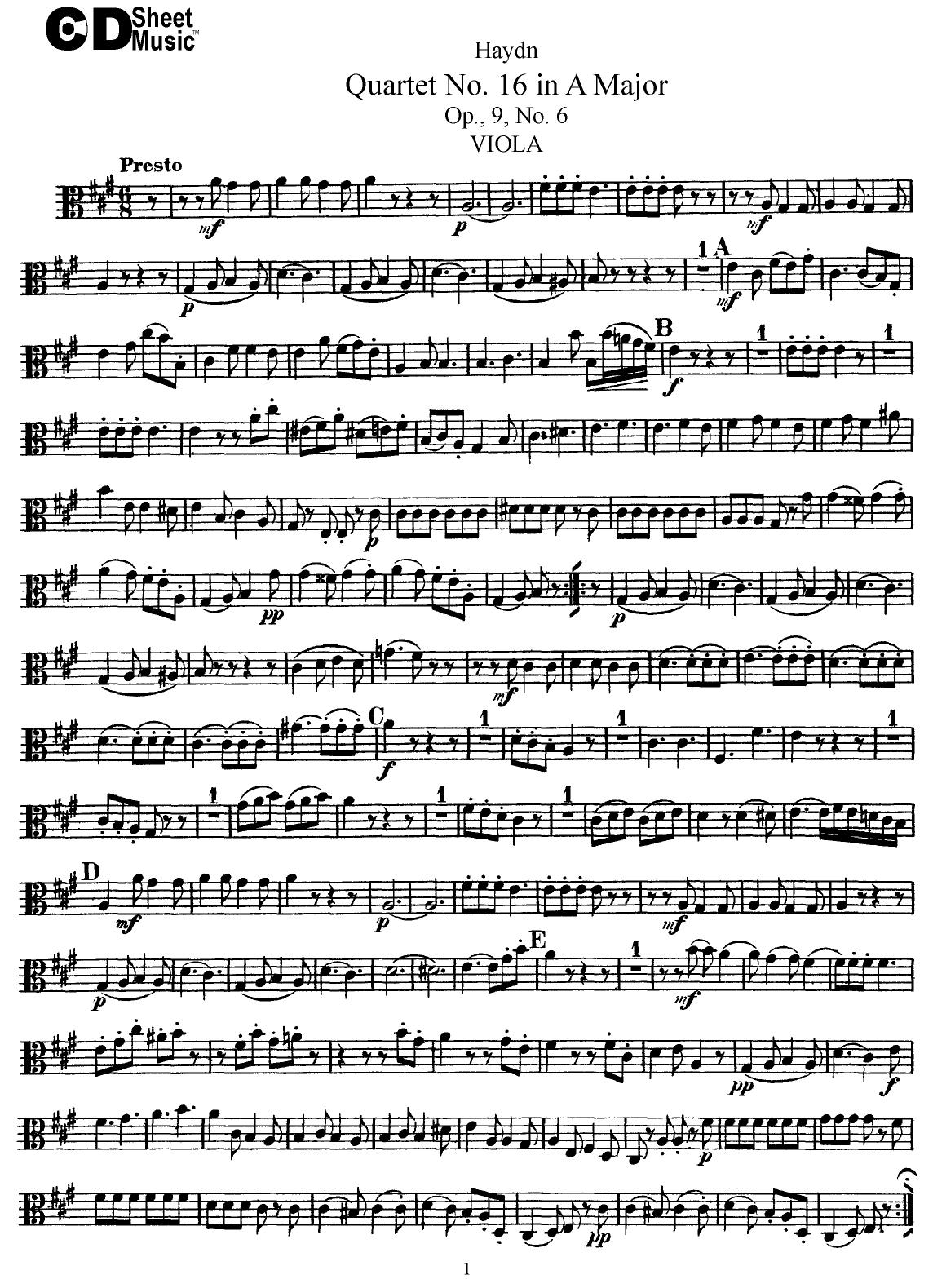 Haydn String Quartets: No.16 in A Major, Op.9, No.6 by WBaxley Music Subito Music Corp & Stephens Pub. Co