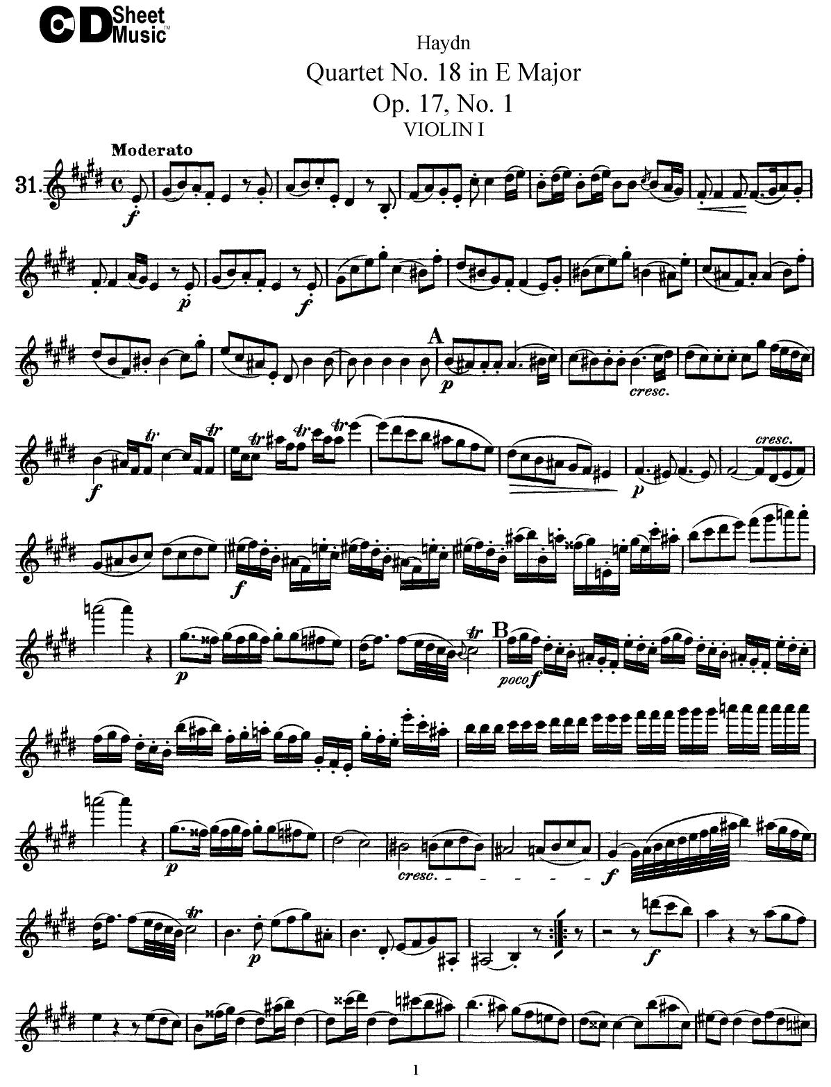 Haydn String Quartets: No.18 in E Major, Op.17, No.1 by WBaxley Music Subito Music Corp & Stephens Pub. Co