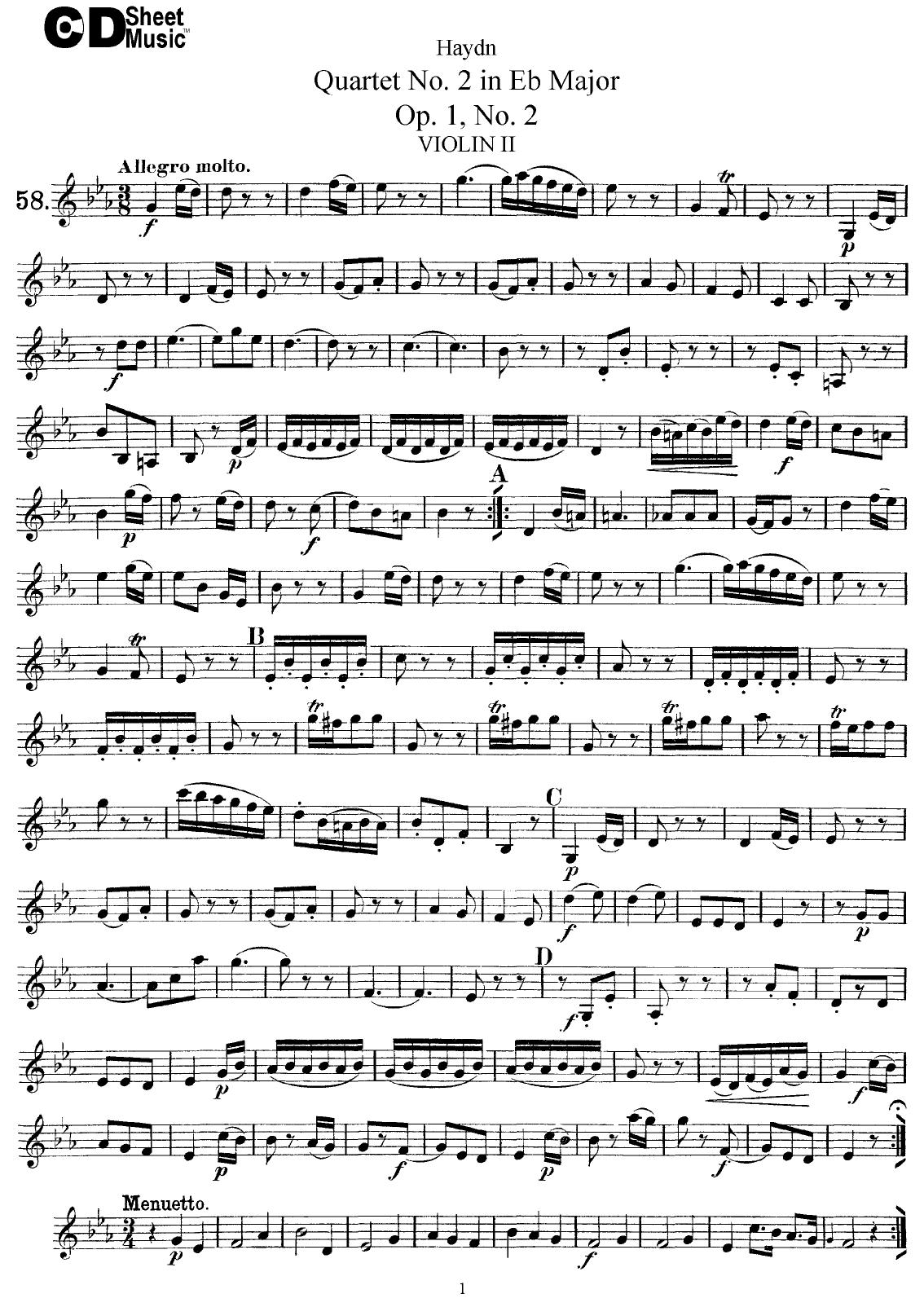 Haydn String Quartets: No.2 in Eb Major, Op.1, No.2 by WBaxley Music Subito Music Corp & Stephens Pub. Co