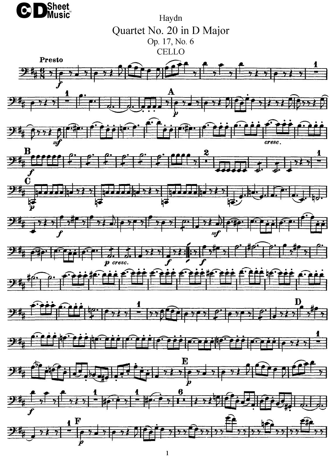 Haydn String Quartets: No.20 in D Major, Op.17, No.6 by WBaxley Music Subito Music Corp & Stephens Pub. Co