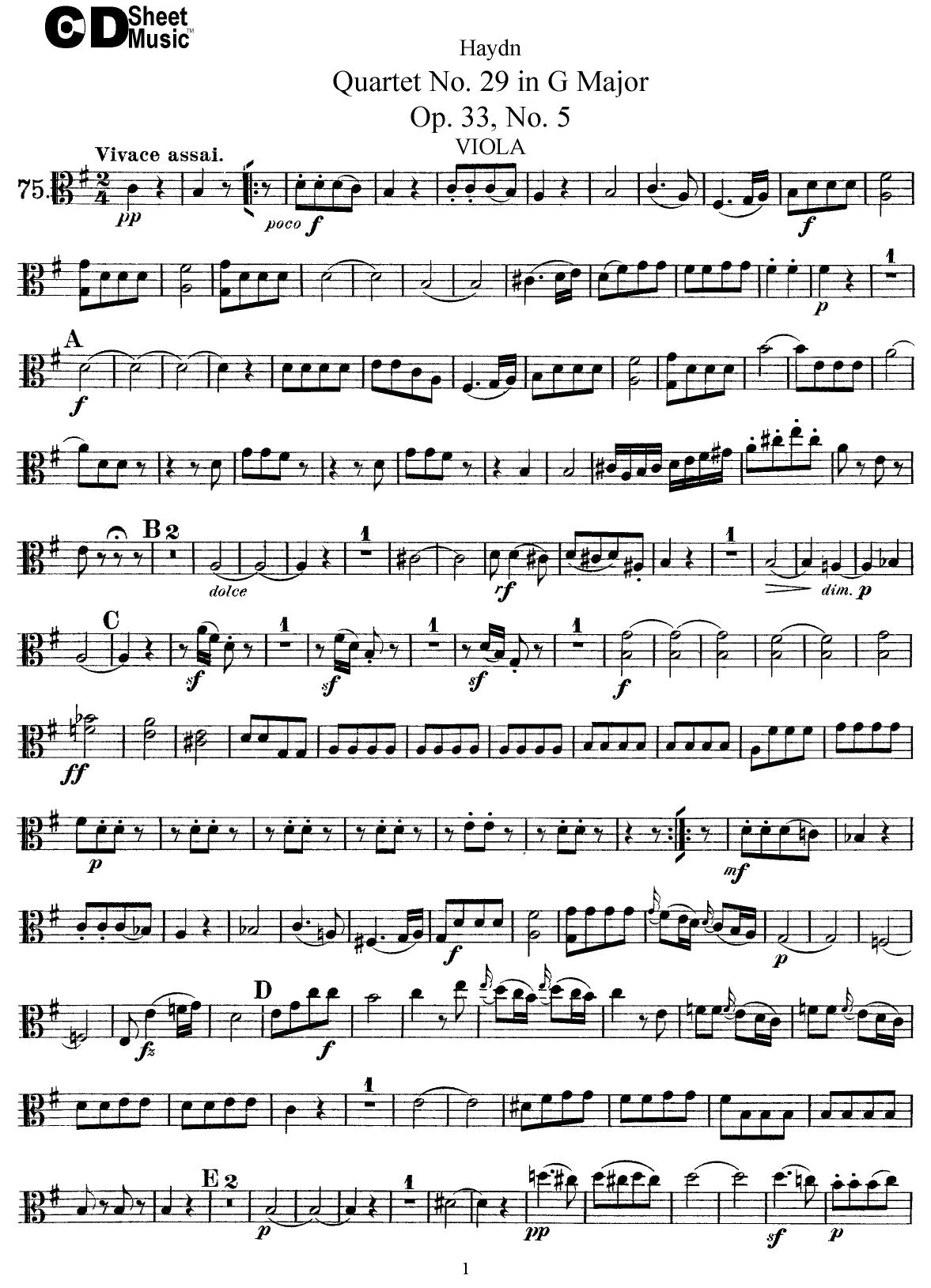 Haydn String Quartets: No.29 in G Major, Op.33 No.5 by WBaxley Music Subito Music Corp & Stephens Pub. Co