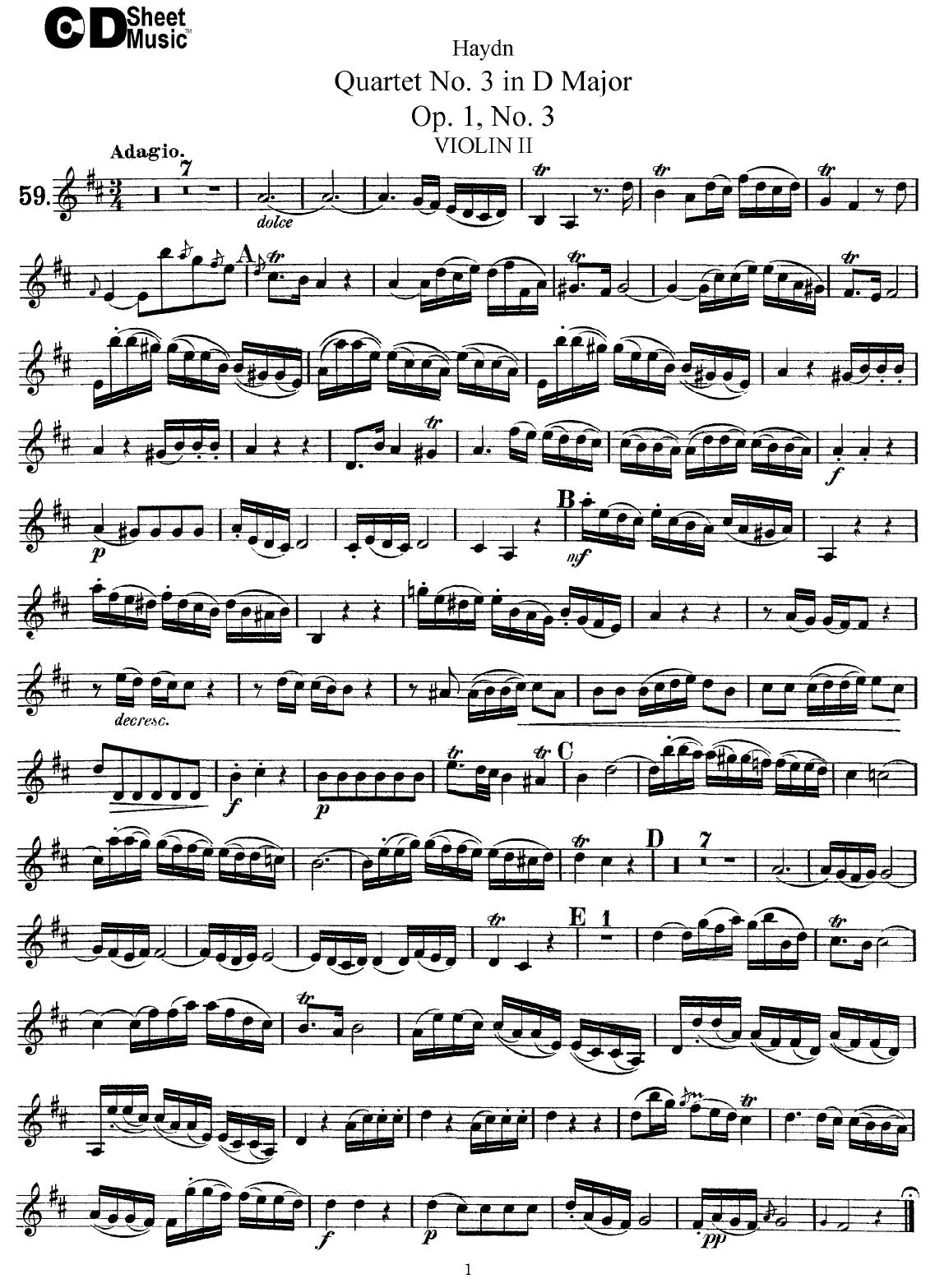 Haydn String Quartets: No.3 in D Major, Op.1, No.3 by WBaxley Music Subito Music Corp & Stephens Pub. Co