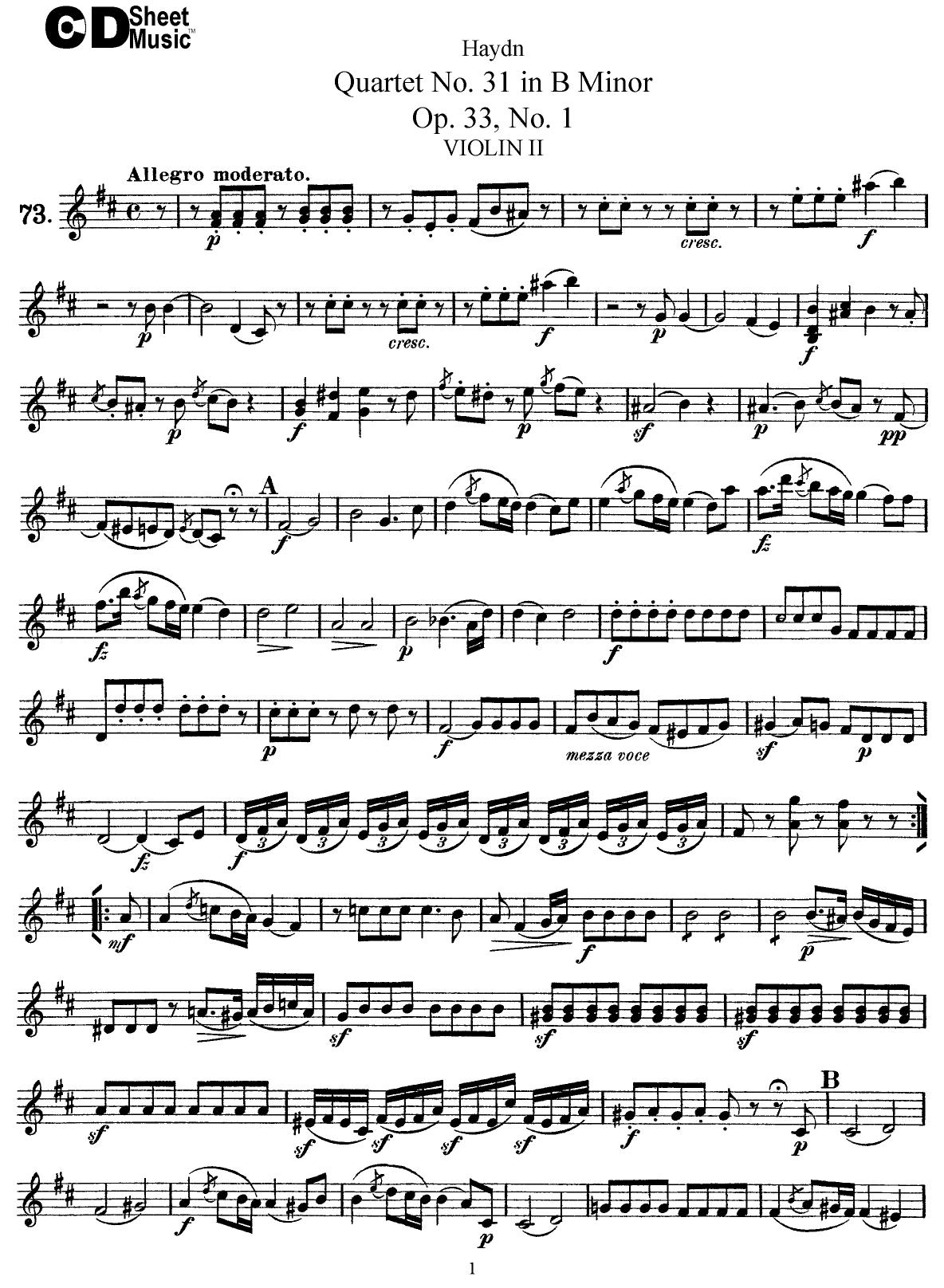 Haydn String Quartets: No.31 in B Minor, Op.33, No.1 by WBaxley Music Subito Music Corp & Stephens Pub. Co