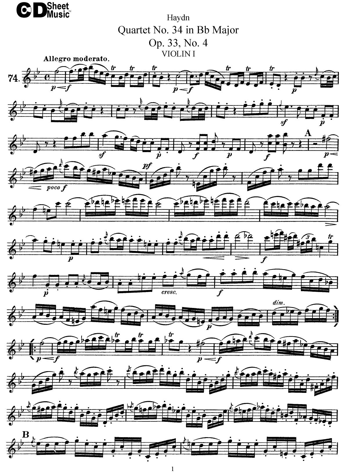 Haydn String Quartets: No.34 in Bb Major by WBaxley Music Subito Music Corp & Stephens Pub. Co