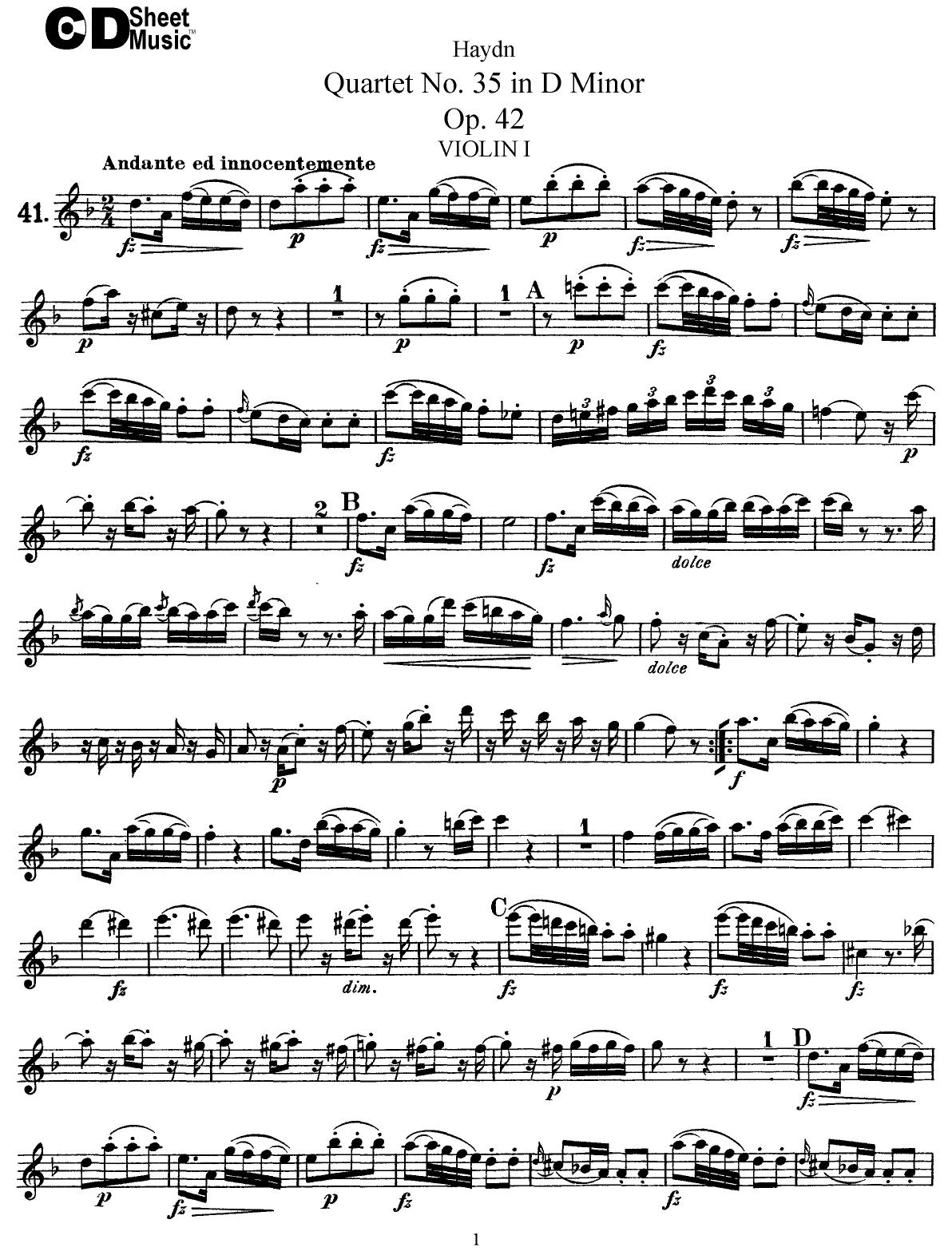 Haydn String Quartets: No.35 in D Minor, Op.42 by WBaxley Music Subito Music Corp & Stephens Pub. Co