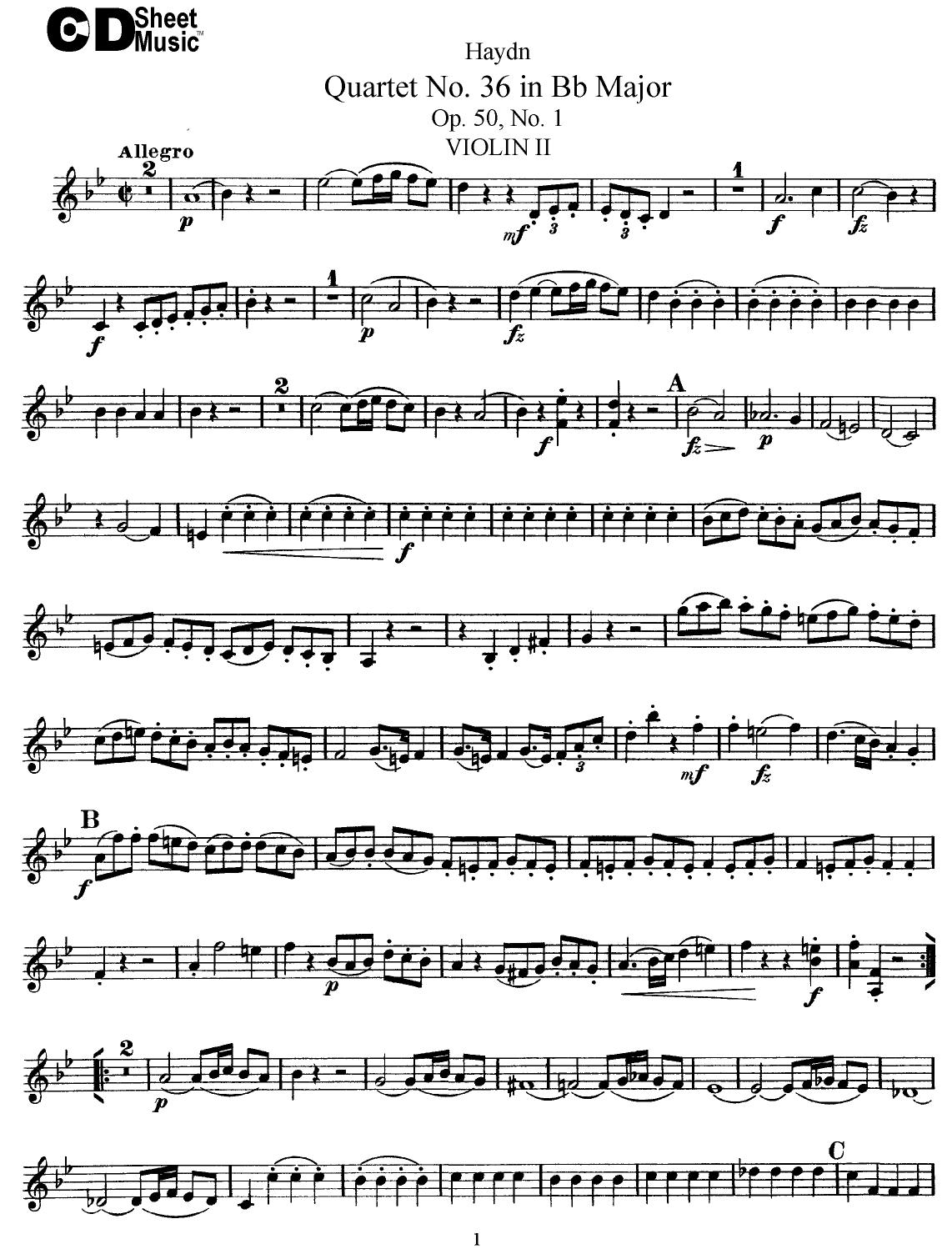 Haydn String Quartets: No.36 in Bb Major, Op.50, No.1 by WBaxley Music Subito Music Corp & Stephens Pub. Co