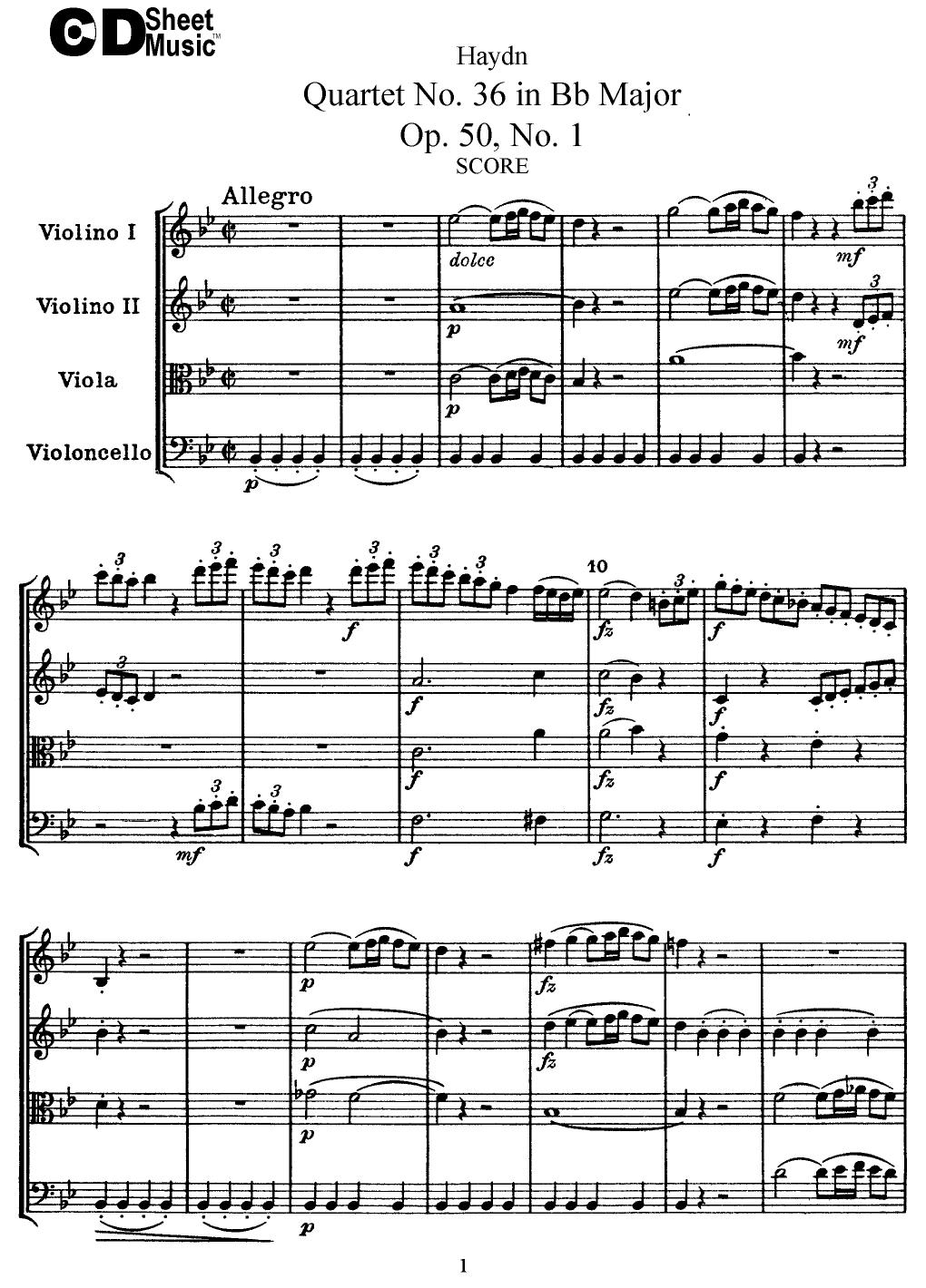 Haydn String Quartets: No.36 in Bb Major, Op.50,No.1 by WBaxley Music Subito Music Corp & Stephens Pub. Co