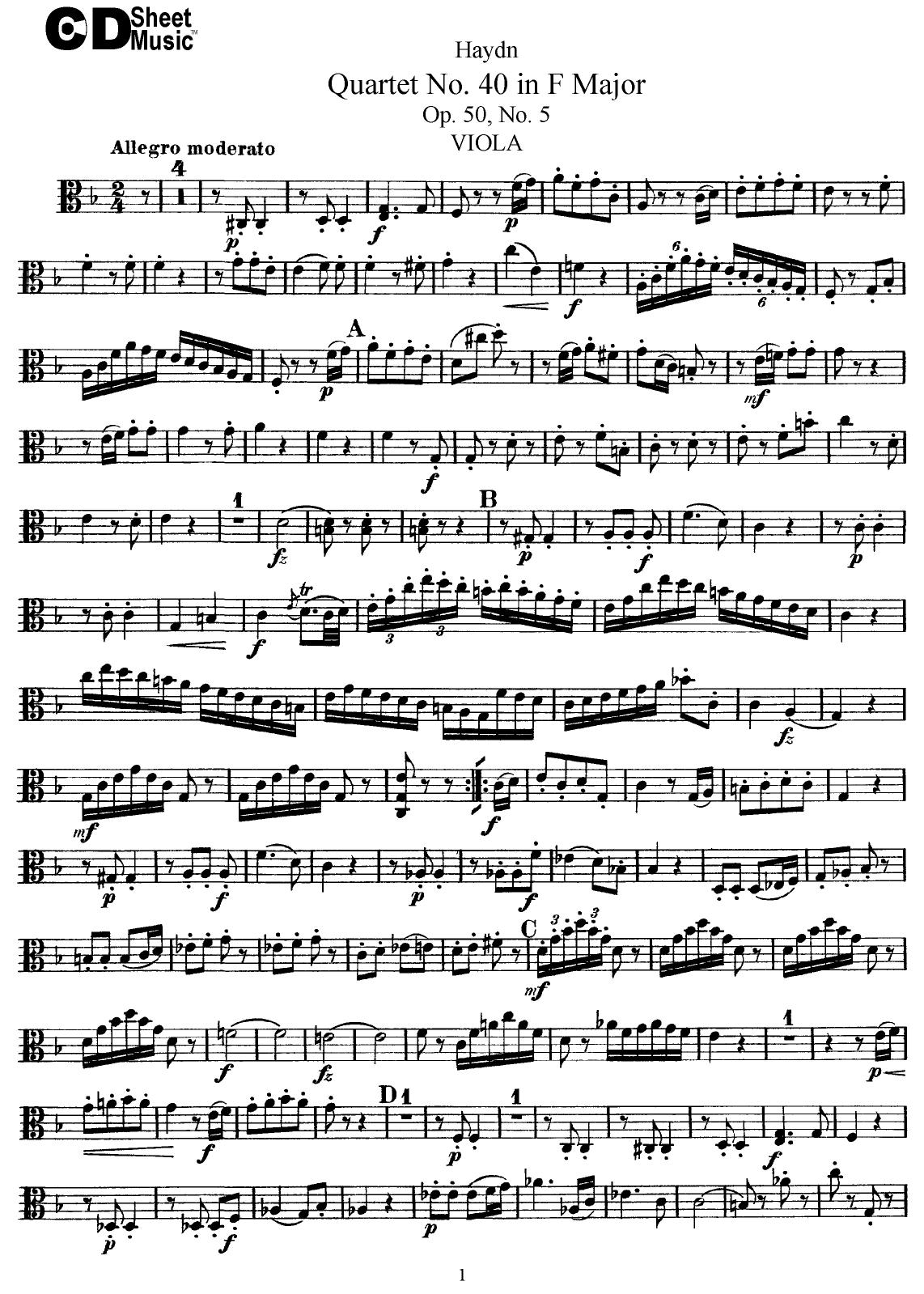 Haydn String Quartets: No.40 in F Major, Op.50, No.5 by WBaxley Music Subito Music Corp & Stephens Pub. Co
