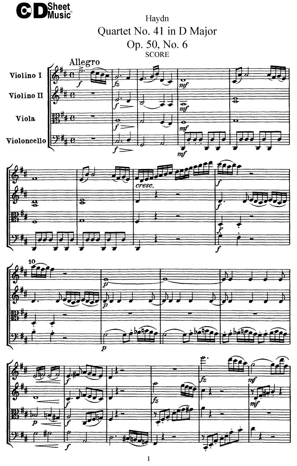 Haydn String Quartets: No.41 in D Major, Op.50, No.6 by WBaxley Music Subito Music Corp & Stephens Pub. Co