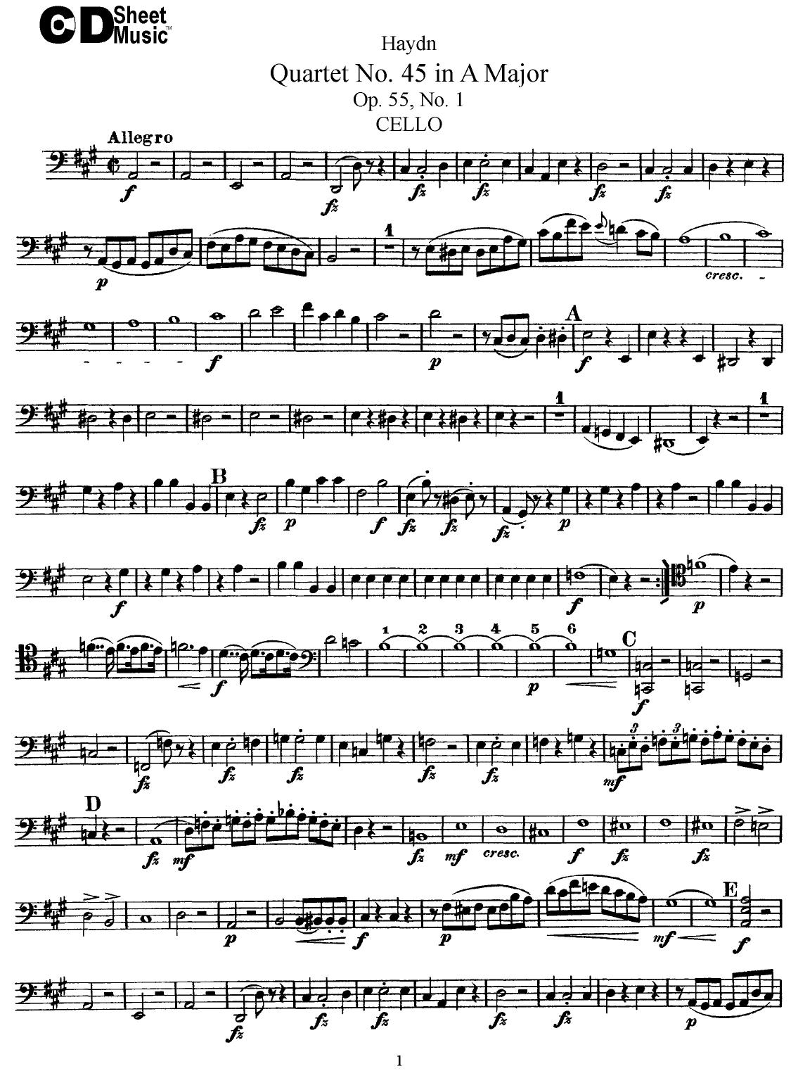 Haydn String Quartets: No.45 in A Major, Op.55, No.1 by WBaxley Music Subito Music Corp & Stephens Pub. Co