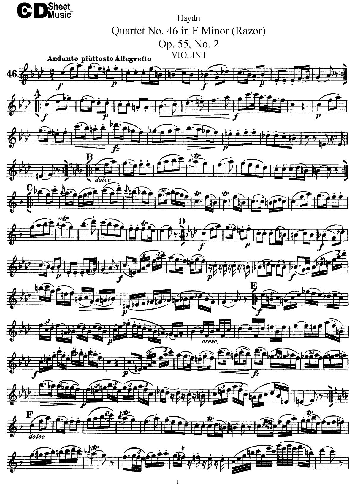 Haydn String Quartets: No.46 in F Minor, Op.55, No.2 by WBaxley Music Subito Music Corp & Stephens Pub. Co