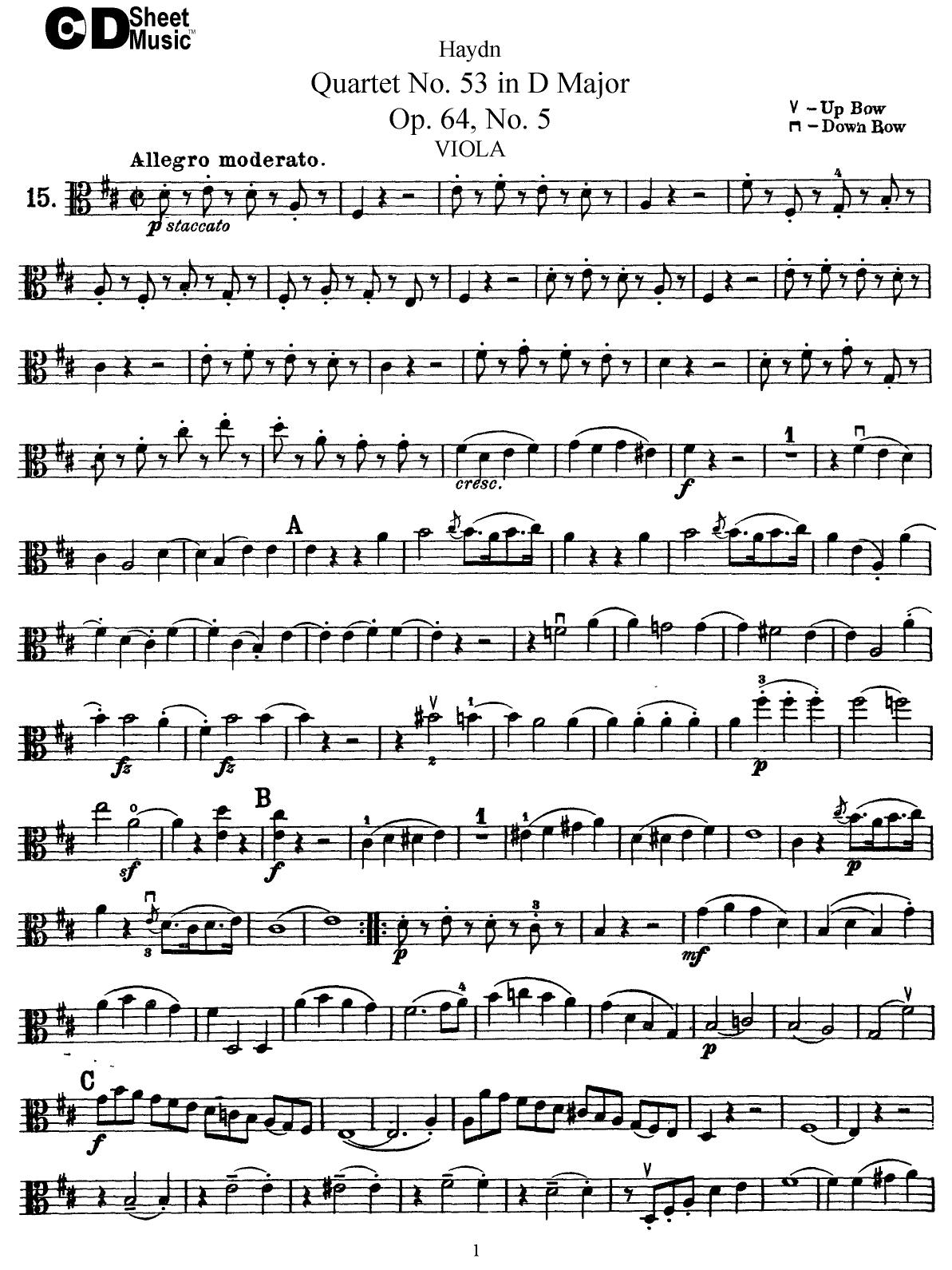 Haydn String Quartets: No.53 in D Major, Op.64, No.5 by WBaxley Music Subito Music Corp & Stephens Pub. Co