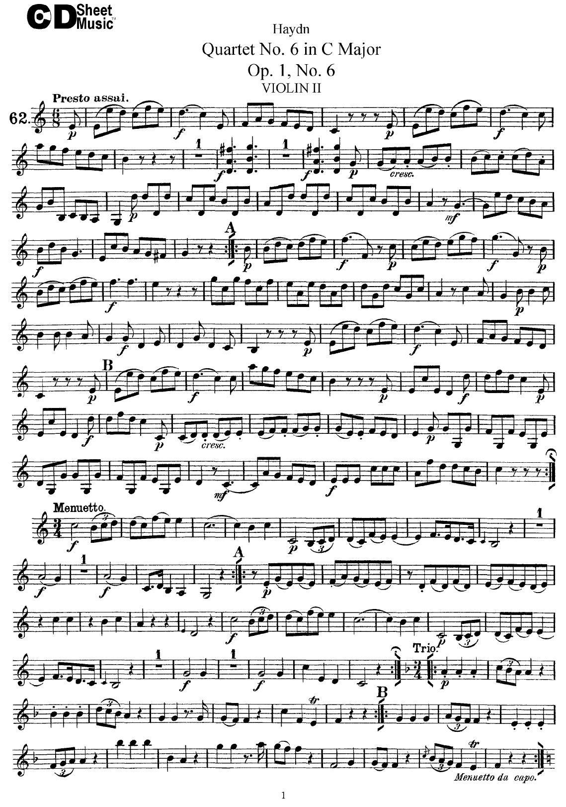 Haydn String Quartets: No.6 in C Major, Op.1, No.6 by WBaxley Music Subito Music Corp & Stephens Pub. Co