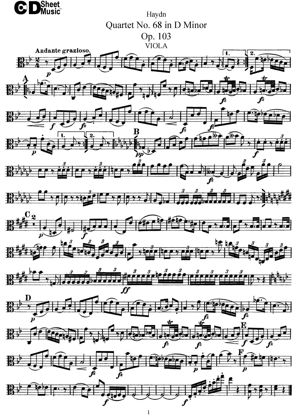 Haydn String Quartets: No.68 in D Mnior, Op.103 by WBaxley Music Subito Music Corp & Stephens Pub. Co