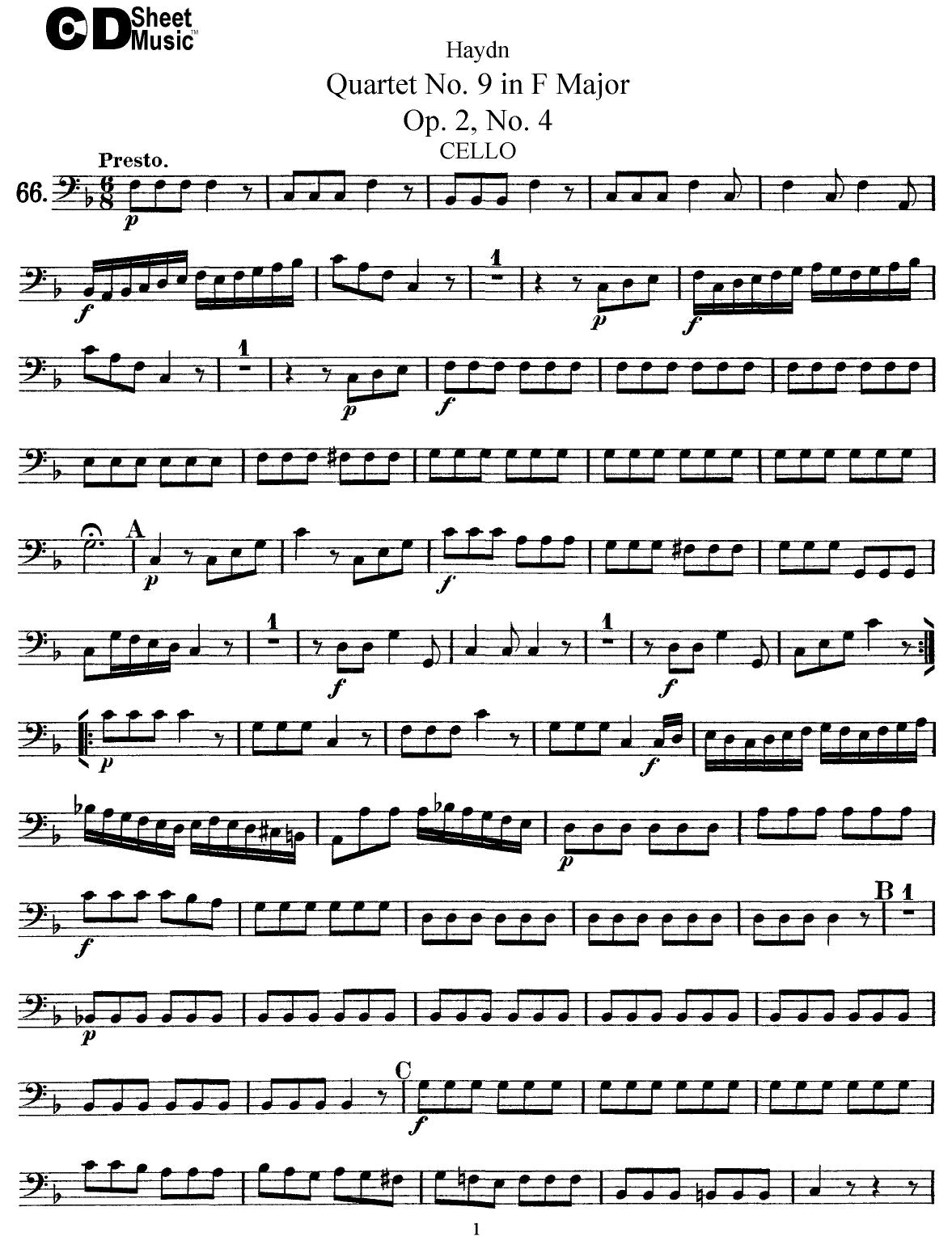 Haydn String Quartets: No.9 in F Major, Op.2, No.4 by WBaxley Music Subito Music Corp & Stephens Pub. Co