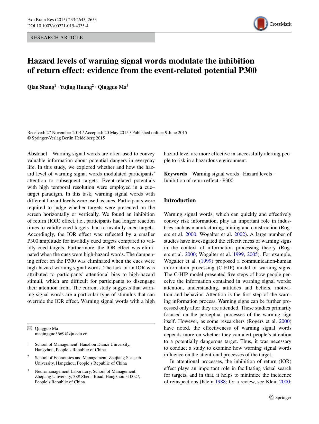 Hazard levels of warning signal words modulate the inhibition of return effect: evidence from the event-related potential P300 by Qian Shang & Yujing Huang & Qingguo Ma