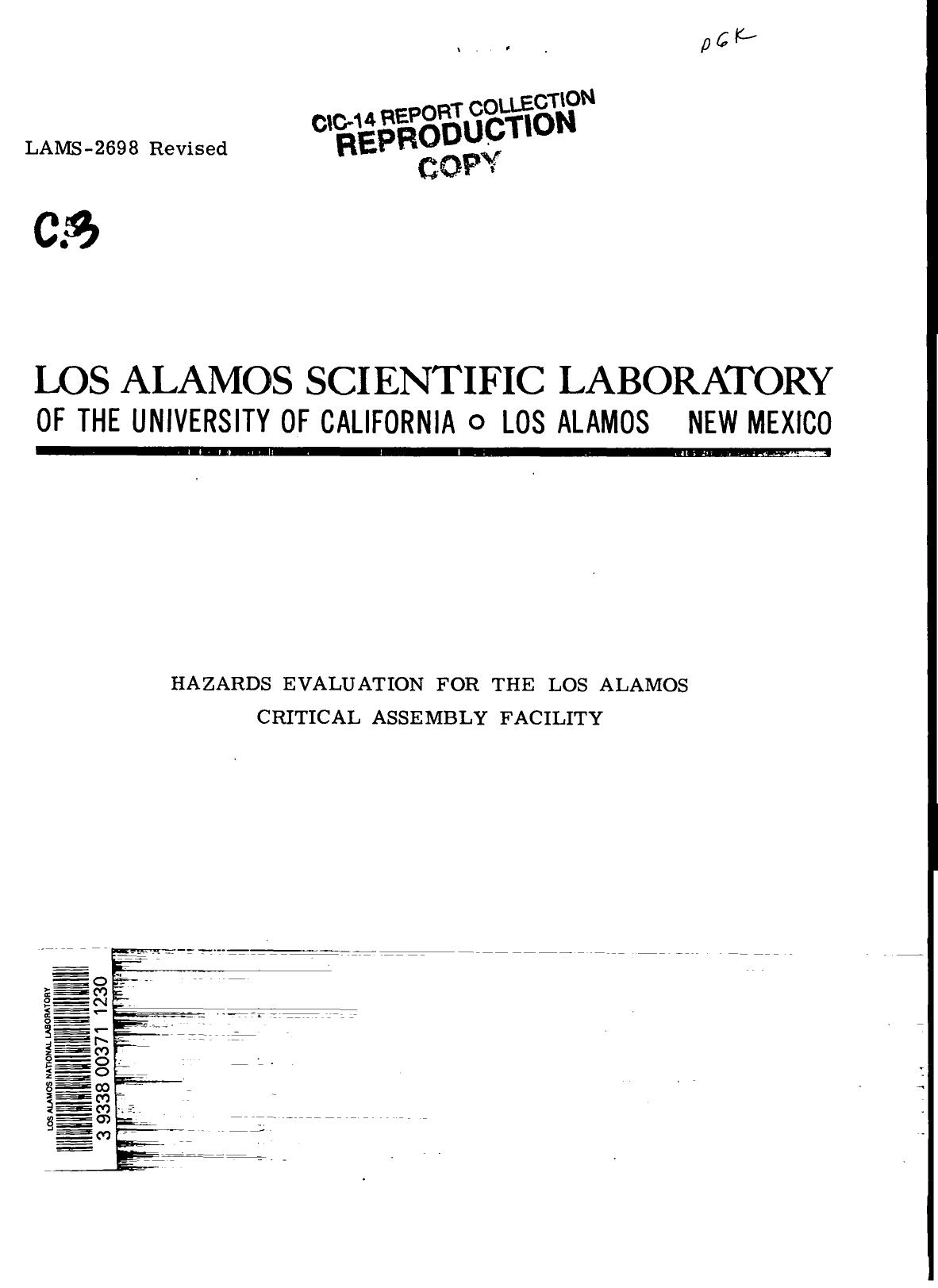 Hazards evaluation for the Los Alamos critical assembly facility None by LANL Research Library LWW Project