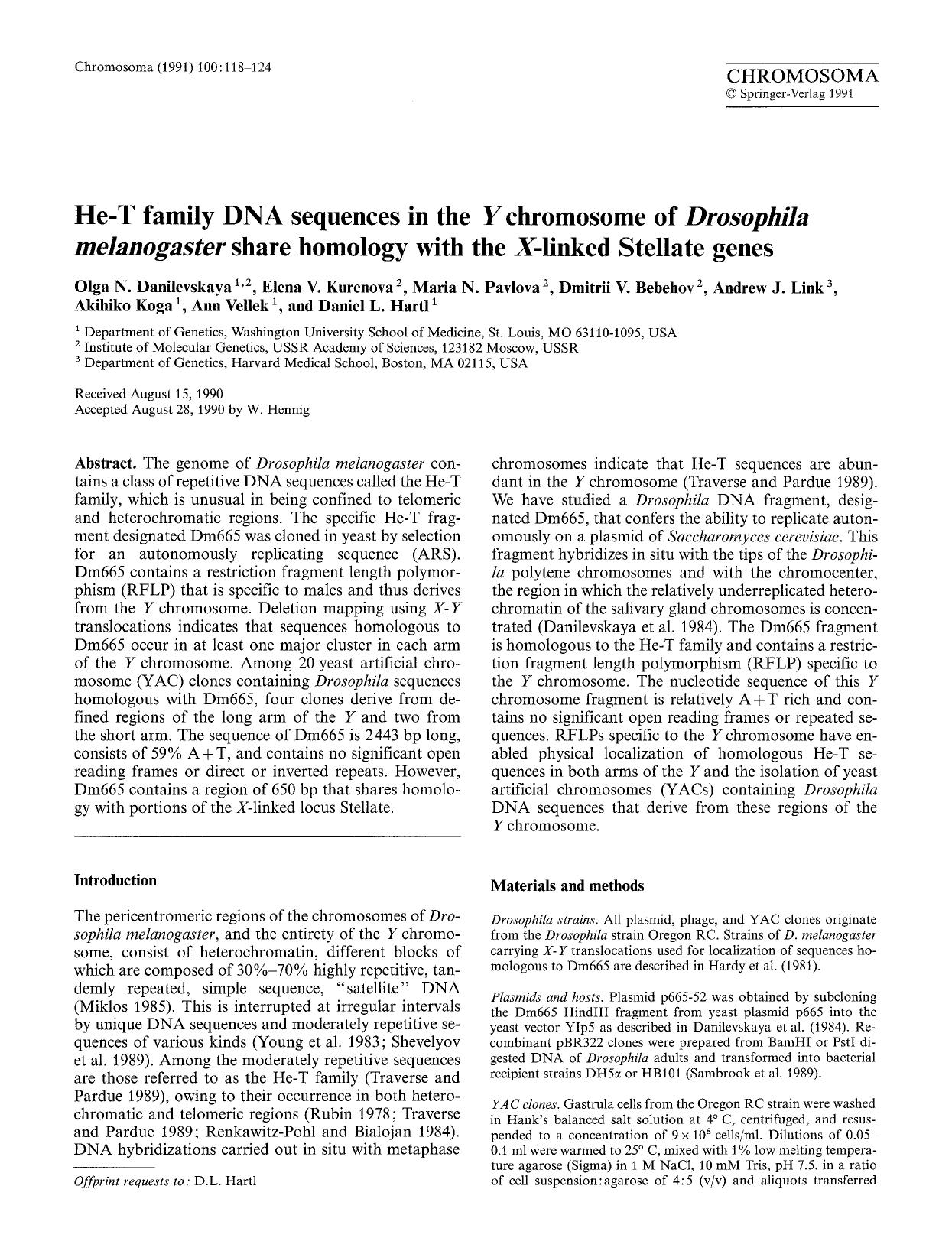 He-T family DNA sequences in the <Emphasis Type="Italic">Y<Emphasis> chromosome of <Emphasis Type="Italic">Drosophila melanogaster<Emphasis> share homology with the <Emphasis Type= by Unknown