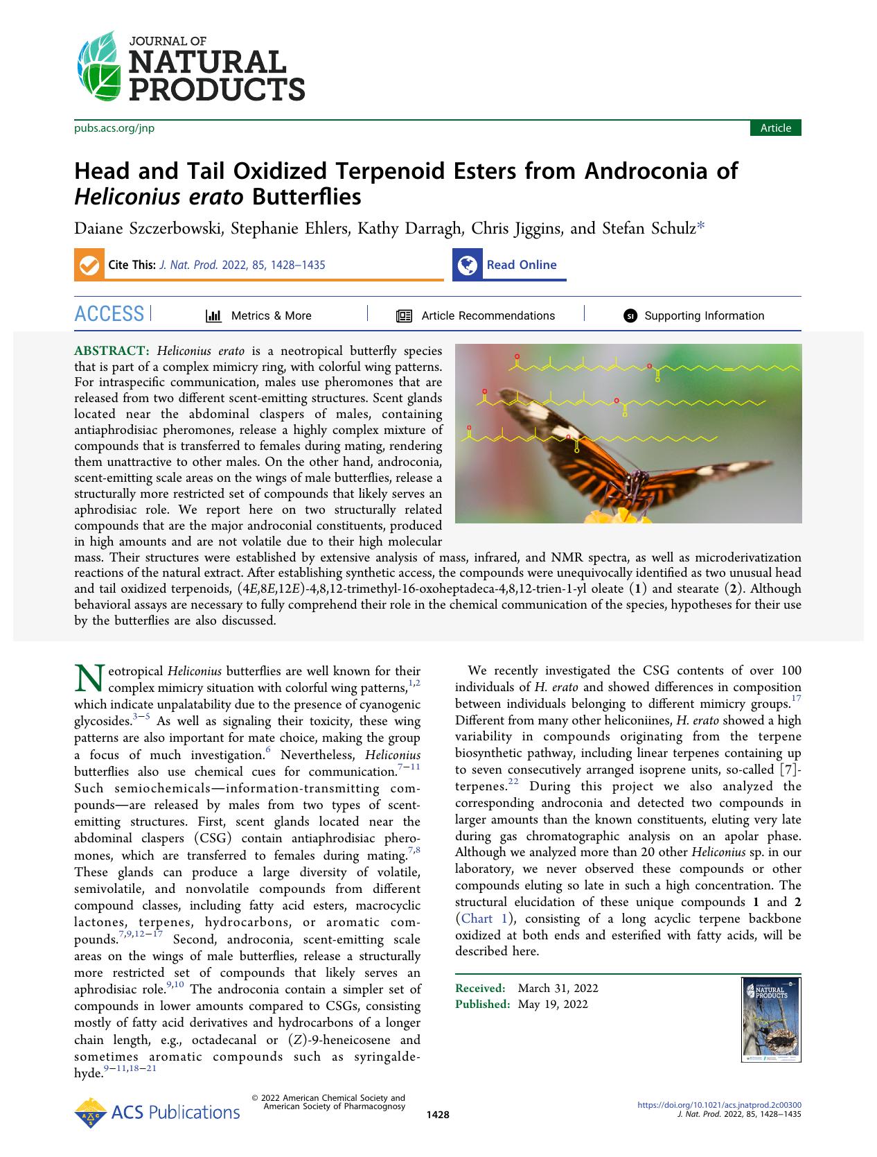 Head and Tail Oxidized Terpenoid Esters from Androconia of Heliconius erato Butterflies by Daiane Szczerbowski Stephanie Ehlers Kathy Darragh Chris Jiggins and Stefan Schulz