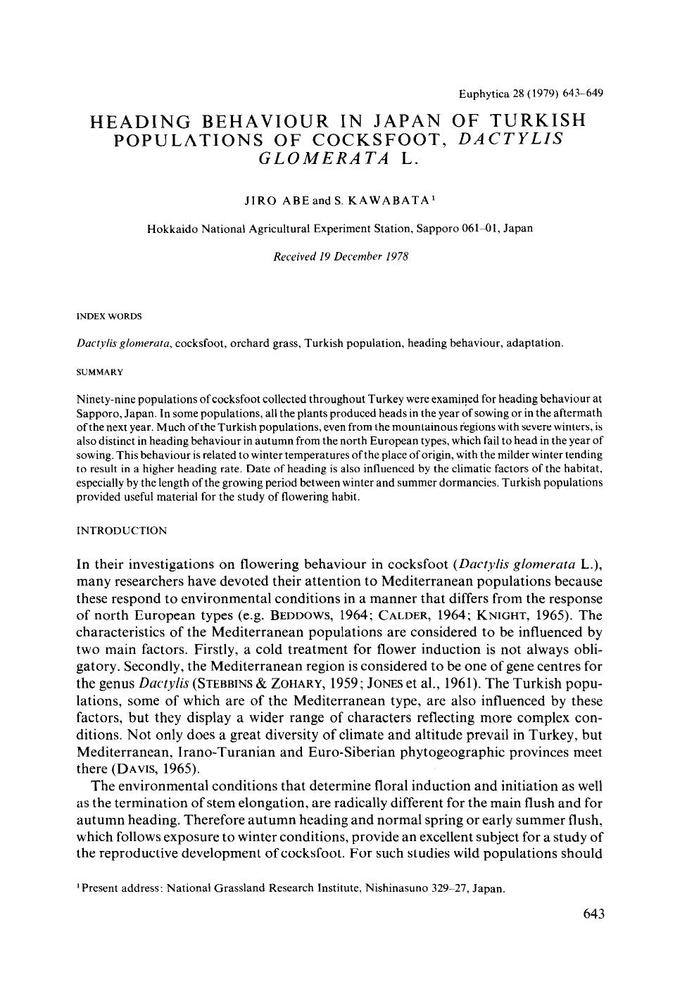 Heading behaviour in Japan of Turkish populations of cocksfoot, <Emphasis Type="Italic">Dactylis glomerata <Emphasis> L. by Unknown
