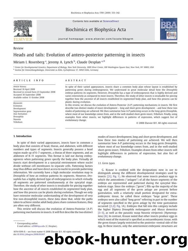 Heads and tails: Evolution of antero-posterior patterning in insects by Miriam I. Rosenberg; Jeremy A. Lynch; Claude Desplan