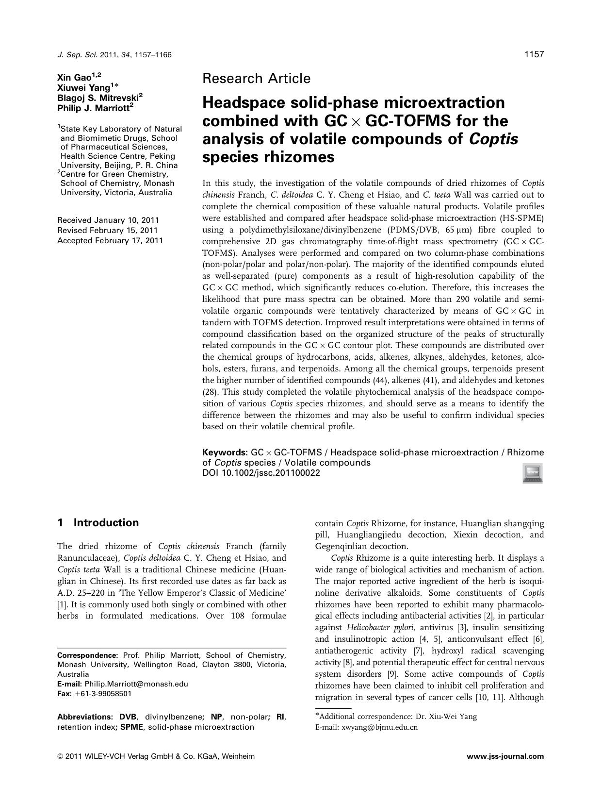 Headspace solidphase microextraction combined with GCGCTOFMS for the analysis of volatile compounds of Coptis species rhizomes by Unknown