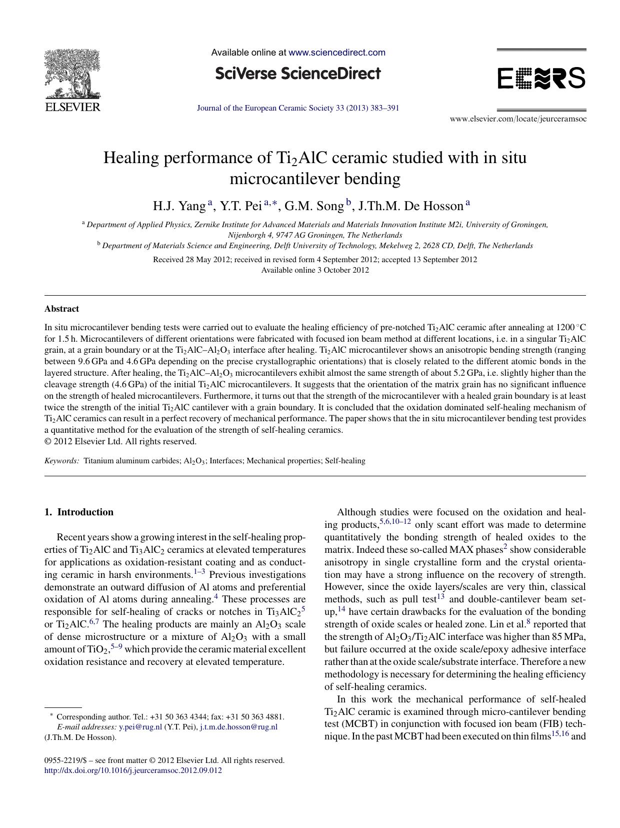 Healing performance of Ti2AlC ceramic studied with in situ microcantilever bending by H.J. Yang